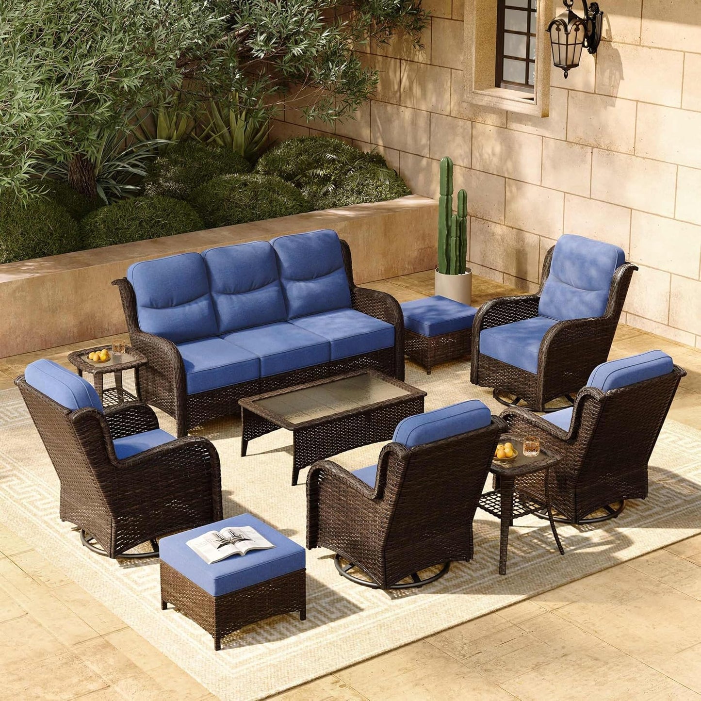 HILLGA Luxury Patio Furniture Set with 6-inch Thick Cushion, Outdoor Couch and High Back Swivel Rocker Patio Chairs, 10PCS Wicker Conversation Set for Deck Yard and Poolside, Blue (V2)