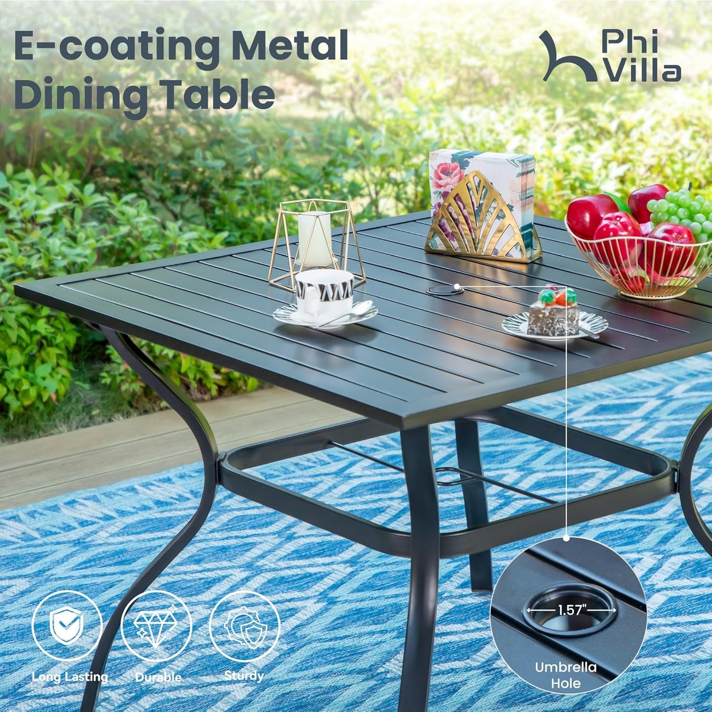 PHI VILLA Patio Dining Set with Umbrella for 4, Outdoor Table & Chairs Set with 4 Padded Swivel Patio Dining Chairs, 1 Metal Dining Table and 10ft Navy Blue Large Patio Umbrella (No Umbrella Base)