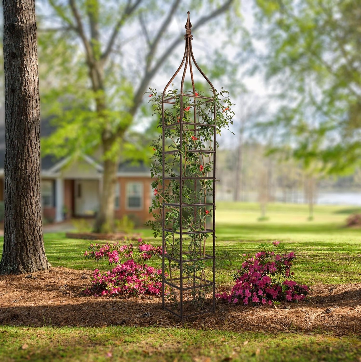 H Potter Trellis Obelisk Tall Metal Garden Decor Vertical Yard Art for Roses Climbing Plants Weather Resistant Wrought Iron Ornamental (Charcoal Brown, Large)