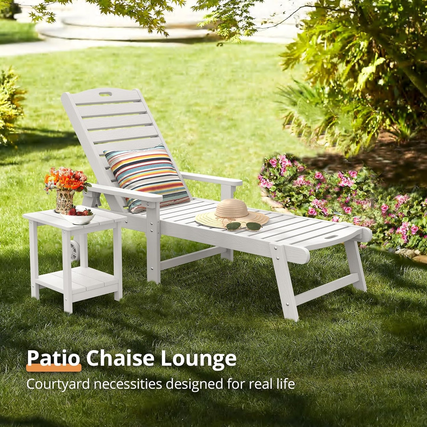 LUE BONA Outdoor Chaise Lounge Chairs Set of 4, 79'' Oversized HDPS Chaise Lounger, 5 Positions Adjustable Lounge Chairs, Pool Lounge Chair with Wheels for Poolside, 3 Year Warranty, White