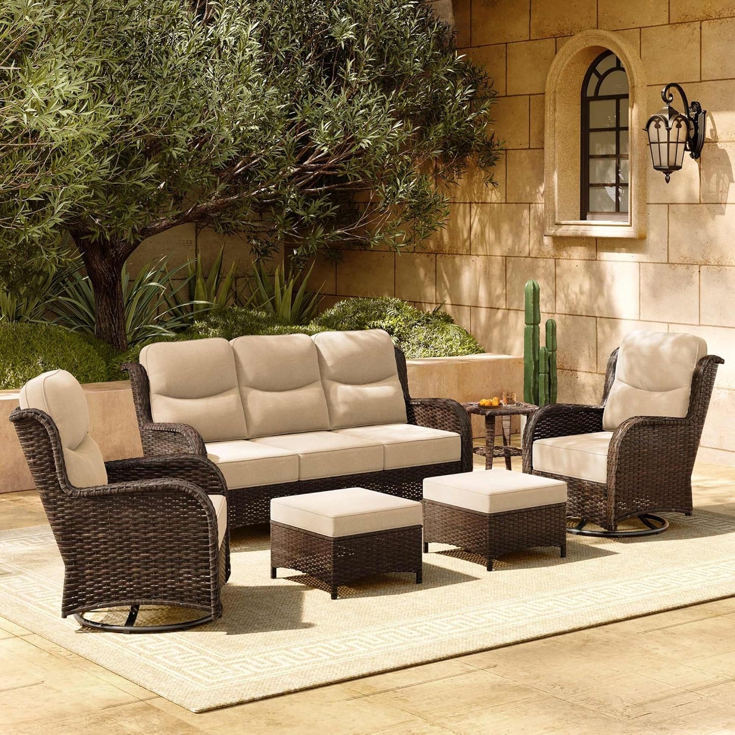 HILLGA Luxury Patio Furniture Set with 6-inch Thick Cushion, Outdoor Couch and High Back Swivel Rocker Patio Chairs, 6PCS Wicker Conversation Set for Deck Yard and Poolside, Beige (V2)