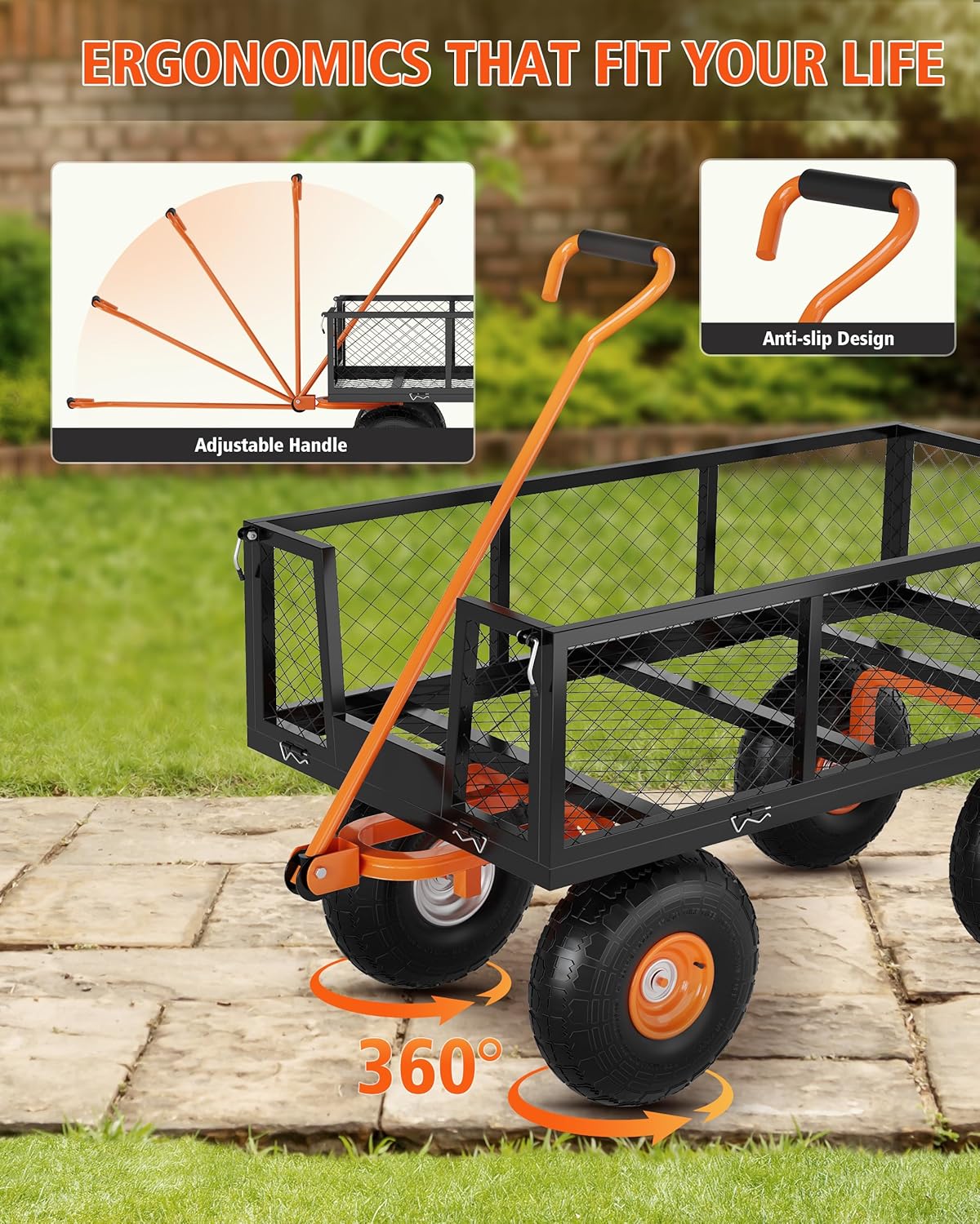 Heavy Duty Steel Garden Cart, 500 LBS Capacity 3 in 1 Pullable Garden Wagon with 10" Wheels, for Gardening Soil, Tools, and Plant Transport