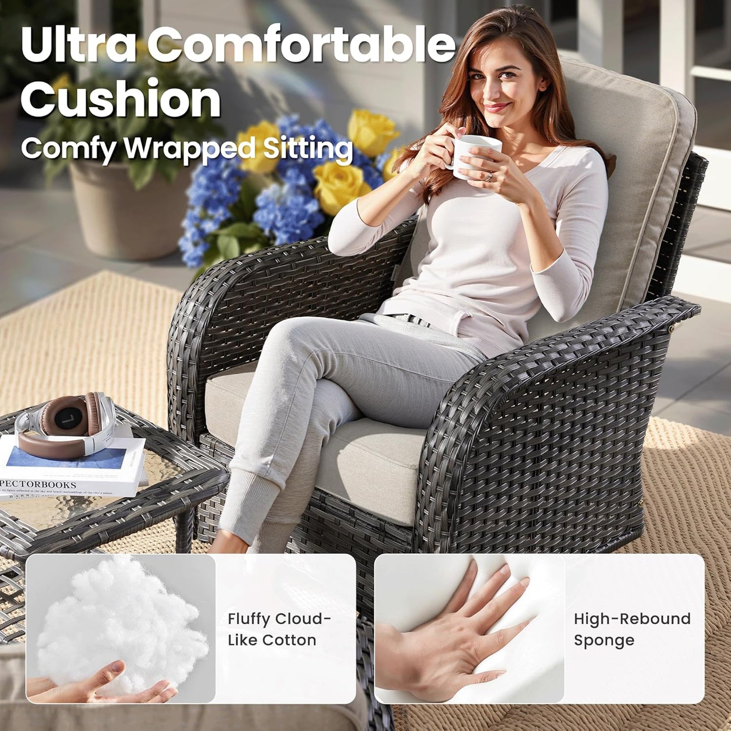 ovios 7 Pieces Patio Furniture Set, Outdoor Wicker Sofa with Swivel Chairs, Coffee Table, All Weather High Back Rattan Loveseat Couch with Comfy Cushions, Beige