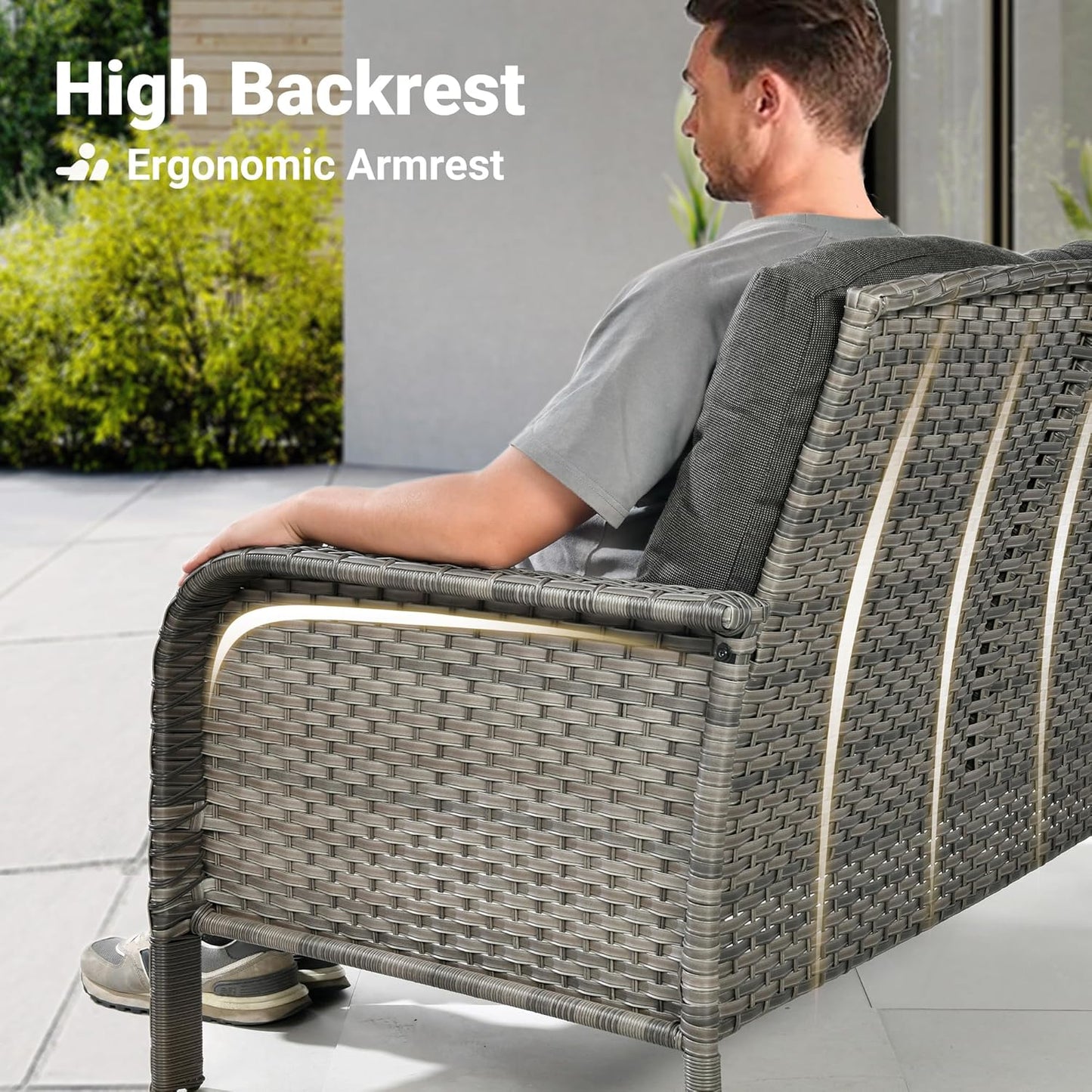 ovios 2 Pieces Patio Furniture Set, Outdoor Wicker Sofa with Glass Coffee Table, All Weather High Back Rattan Loveseat Couch 2 Seats with Comfy Cushions, Black