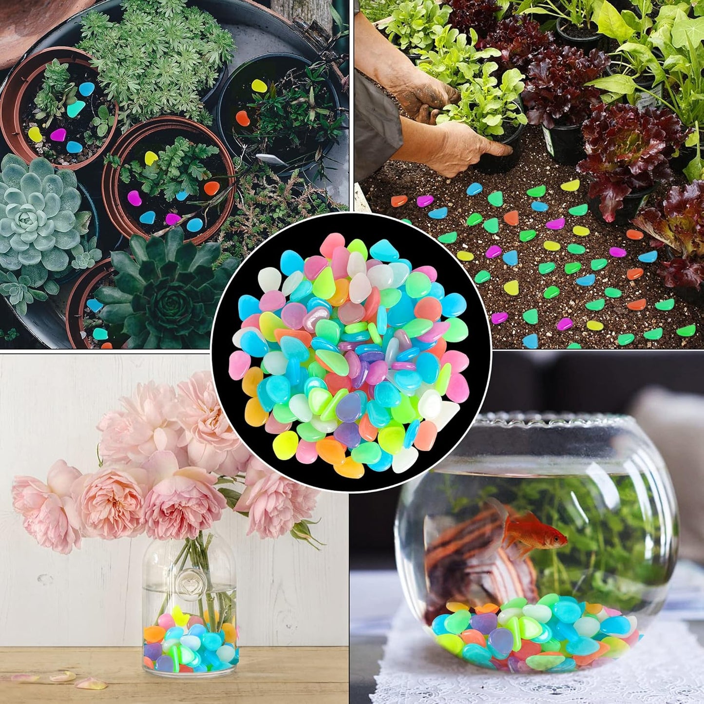 150 PCS Luminous Stones – Mixed Color Glow Rocks Decorations DIY Decorative Pebbles for Aquarium Fish Tank Sidewalk Garden Path Patio Terrace Lawn Yard Ornaments Colorful Cobbles Decor FD05MX150
