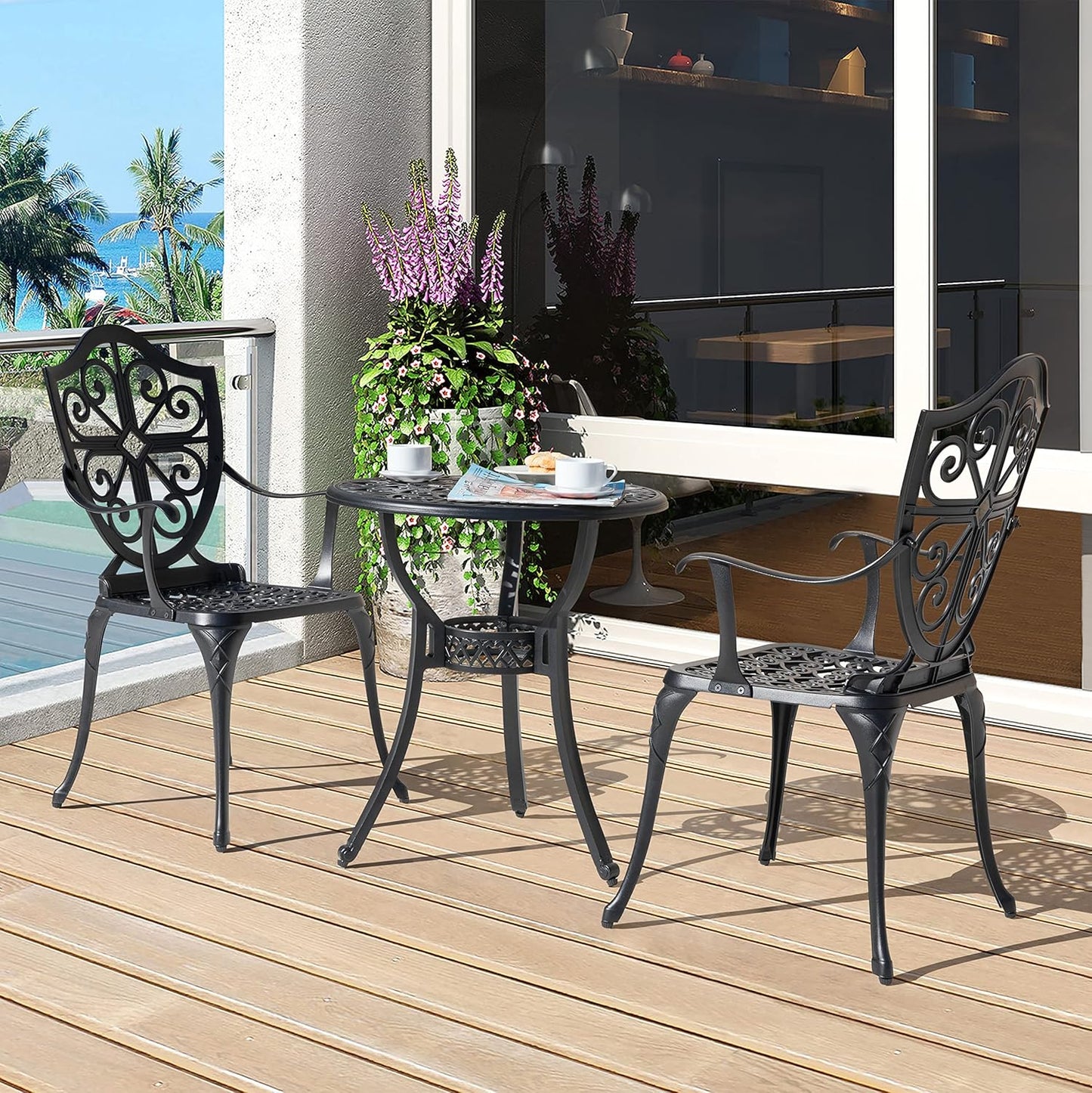 NUU GARDEN 3-Piece Outdoor Bistro Set, Round 24 Inch Cast Aluminum Bistro Table with 2.17" Umbrella Hole and 2 Cast Aluminum Bistro Chairs, for Patio, Garden, Backyard and Balcony, Black