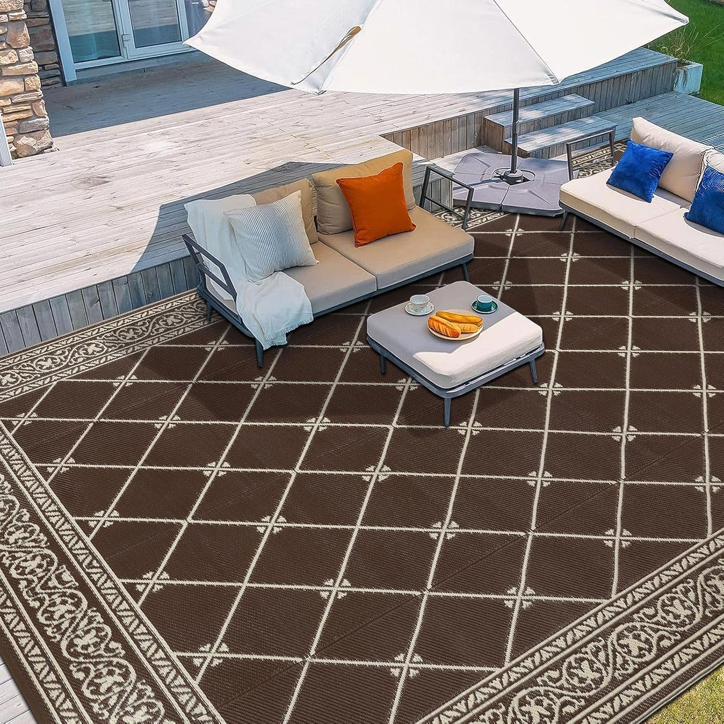 HiiARug 8x10 Outdoor Rug Outdoor Patio Rug, Reversible Waterproof Plastic Straw Rug Large Outdoor Rugs (8x10Ft, Brown)