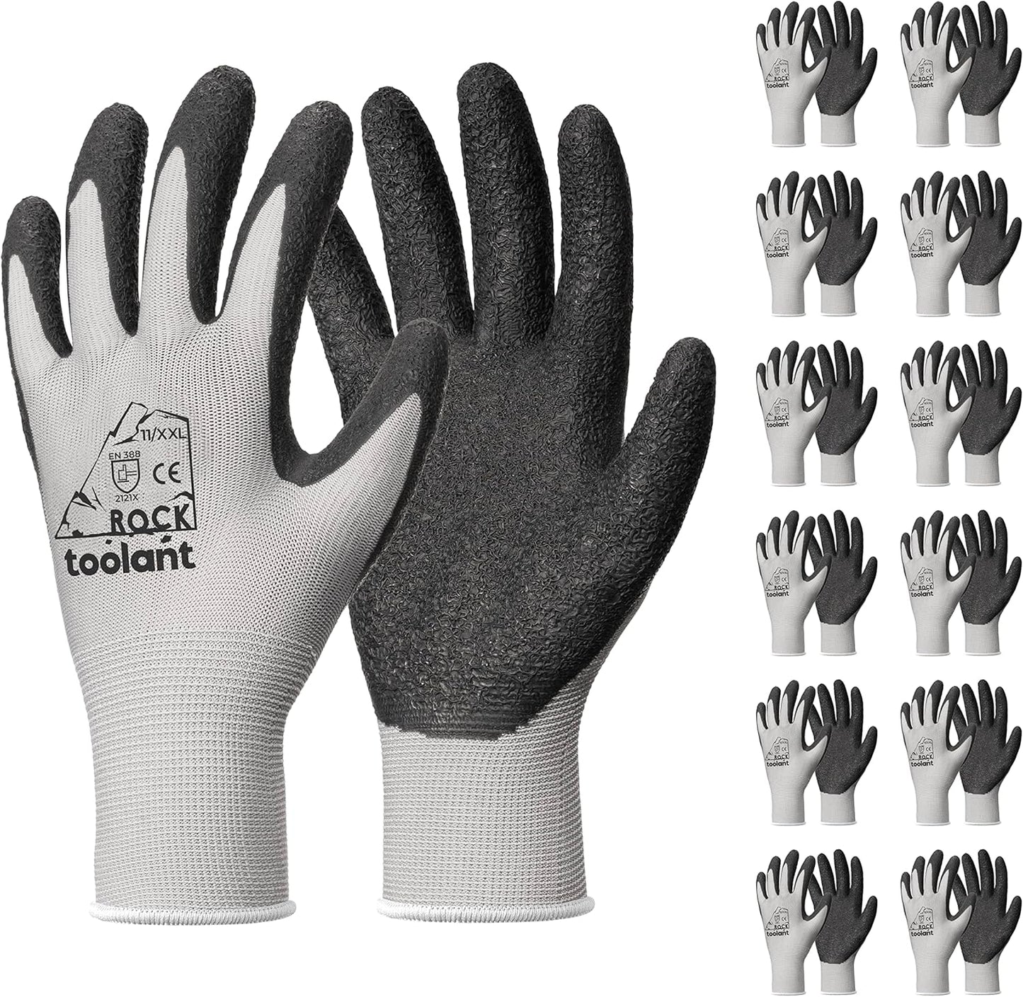 toolant Crinkle Latex Work Gloves Bulk, Rubber Coated Safety Work Gloves for Men and Women, 12 Pairs for Construction, Gardening, Warehouse (Gray, XXL)