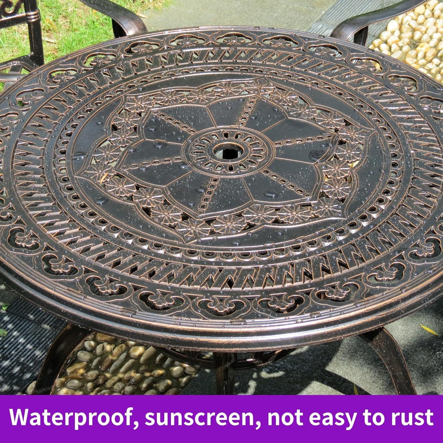 Outdoor Table Cast Aluminum Round Patio Table with Umbrella Hole All Weather Outdoor Dining Tables for Lawn Garden Backyard (106cm Woven Round Table)