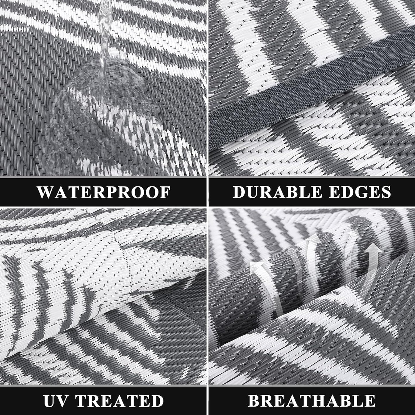 Pauwer Waterproof Outdoor Rug 8x10, Reversible Plastic Straw Patio Camping Rug, Indoor Outdoor RV Mat Carpet for Deck, Camper, Porch, Balcony, Backyard, Picnic, Leaf Grey