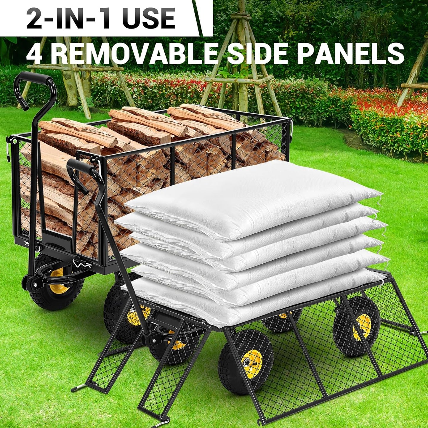 Heavy Duty Steel Garden Cart, 1100LBS Pullable Metal Garden Wagon with 10" Wheels, 180° Rotating Handle and Removable Sides for Outdoor, Farm, Yard, Beach ﻿