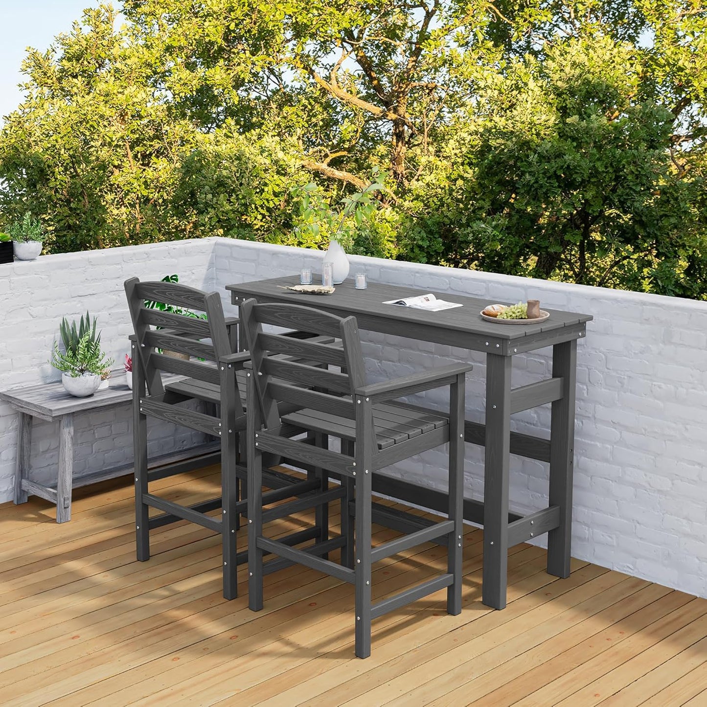 SERWALL Outdoor Bar Table and Chairs Set, Adirondack Bar Chairs Set of 2 and Bar Height Table, All Weather HDPE Outdoor Patio Bar Set, Outdoor Furniture for Outside, Poolside, Backyard, Garden, Grey