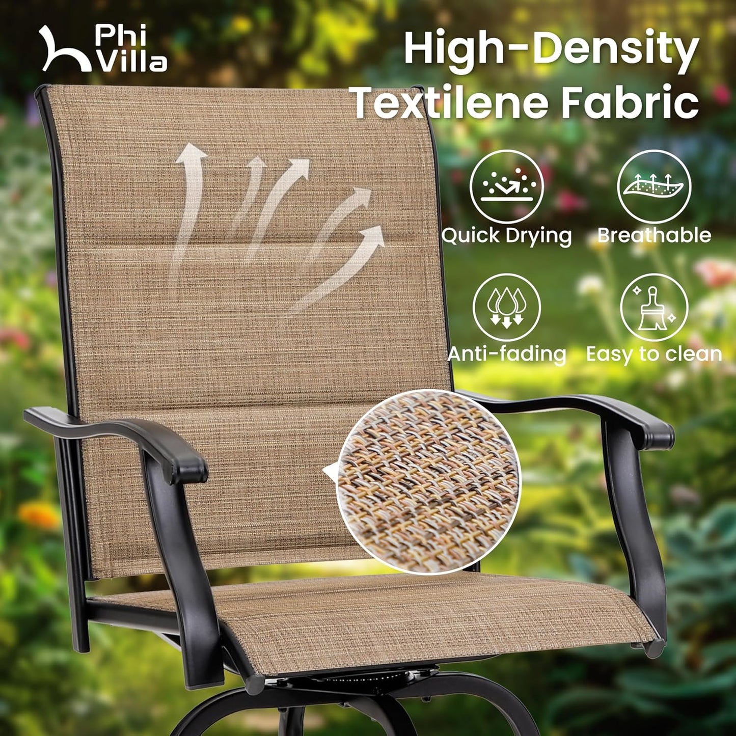 PHI VILLA 3 Piece Outdoor Swivel Bar Stools Set, Bar Height Patio Set with 2 Padded Textilene Fabric Chairs, All-Weather High Top Patio Bistro Table and Chairs Furniture, Brown
