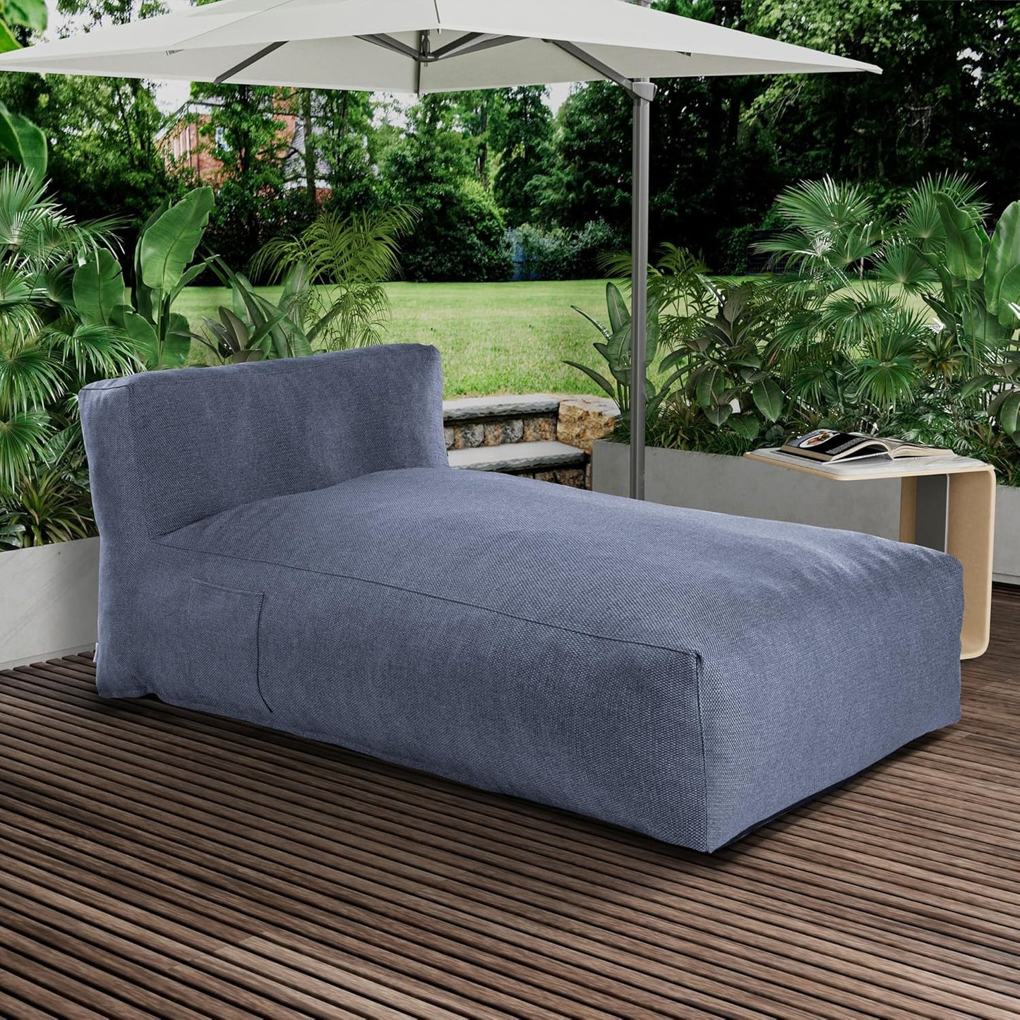 Outdoor Bean Bag Lounger Chair, Big Comfy Outdoor Daybed for Sunbathing and Tanning - Water-Resistant Patio Chaise and Pool Sun Lounger Furniture for Beach Deck (Denim Blue)