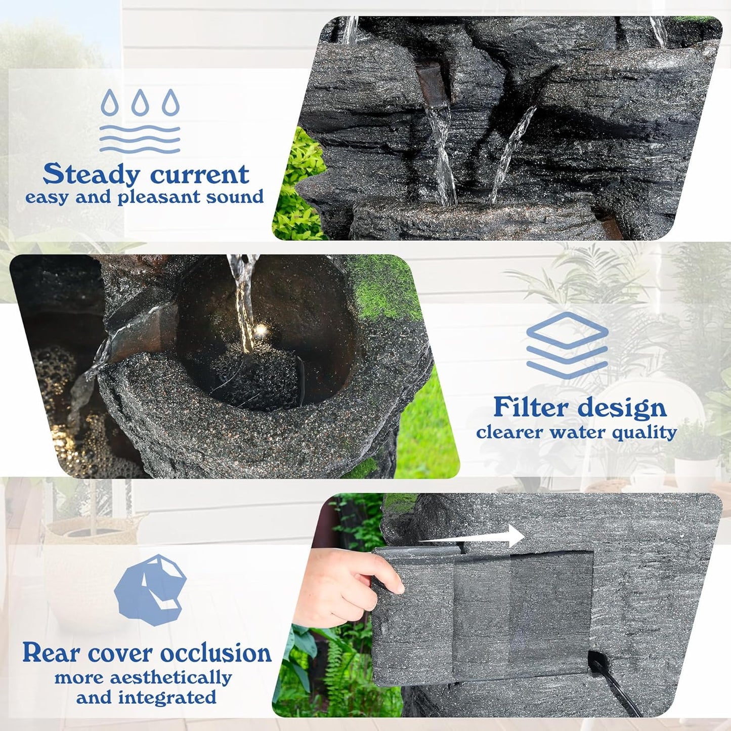 40" H 10-Tiers Cascading Rock Water Fountain Outdoor - Waterfalls Fountains with LED Lights, Outdoor/Indoor Resin Fountain for Patio, Garden, Backyard, Deck, Porch, Home Art Docor(40''H)