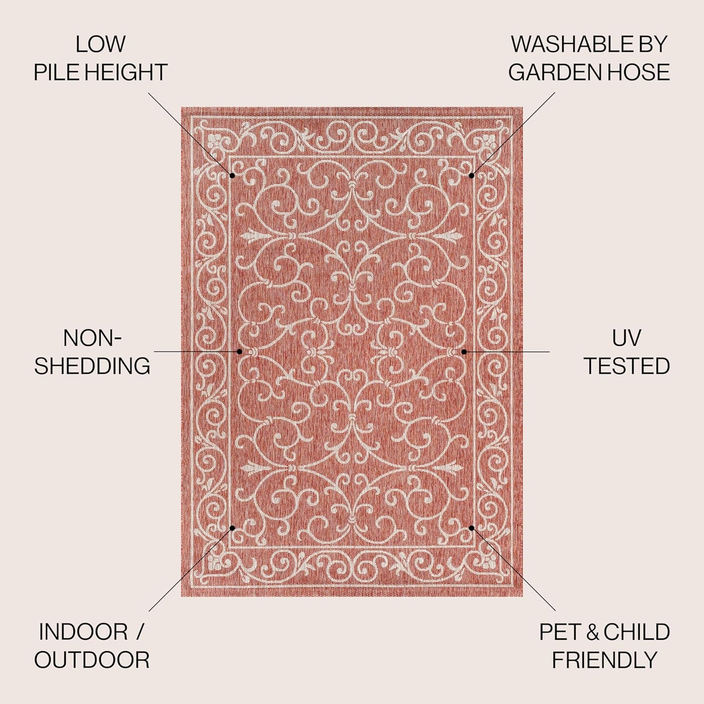 JONATHAN Y SMB106B-6 Charleston Vintage Filigree Textured Weave Red/Beige 6 ft. x 9 ft. Indoor/Outdoor Area Rug, Pet Friendly, Non-Shedding, Stain Resistant, Easy-Cleaning for Backyard, Patio, Porch