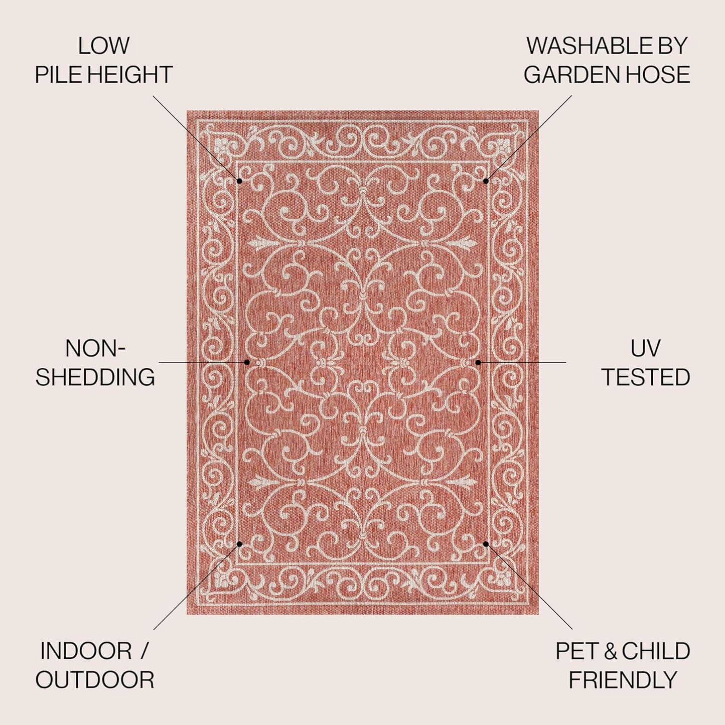 JONATHAN Y SMB106B-4R Charleston Vintage Filigree Textured Weave Red/Beige 4' Round Indoor/Outdoor Area Rug, Pet Friendly, Non-Shedding, Stain Resistant, Easy-Cleaning for Backyard, Patio, Porch