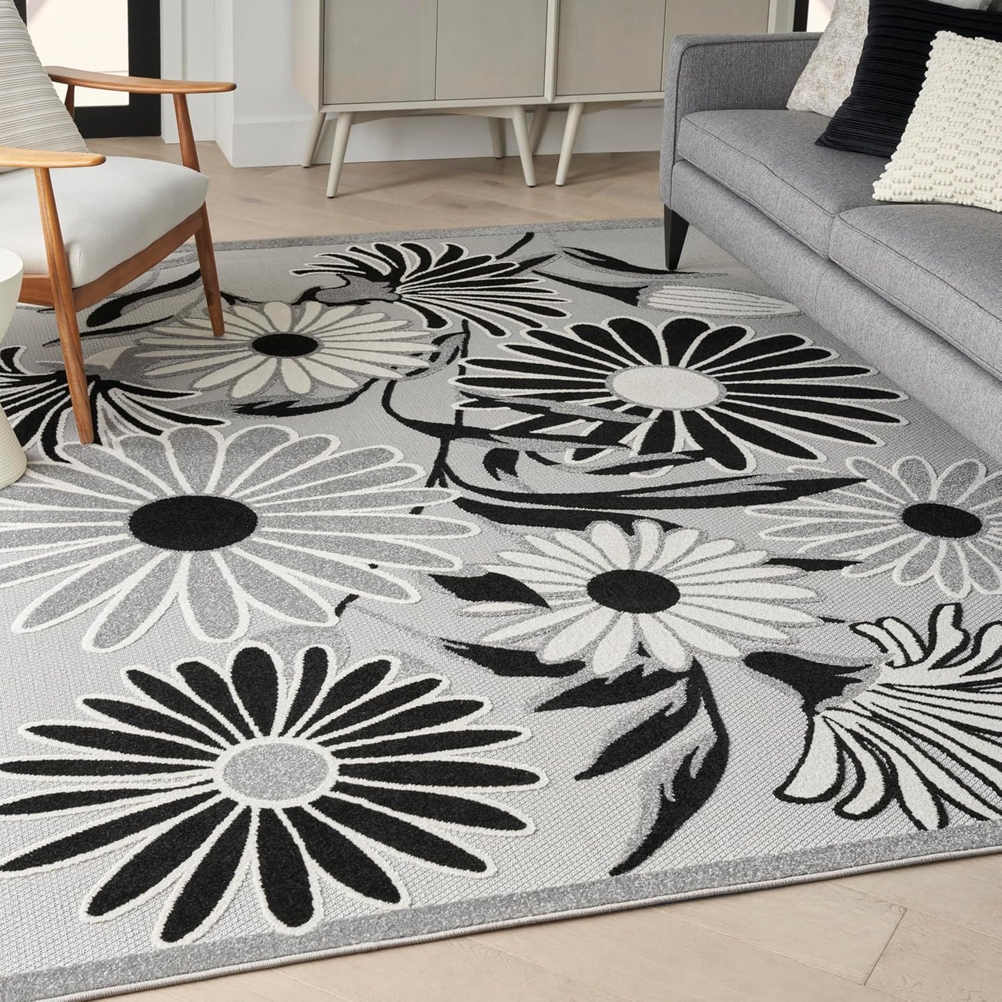 Nourison Home Aloha Indoor/Outdoor Black White 9' x 12' Area Rug, Easy Cleaning, Non Shedding, Bed Room, Living Room, Dining Room, Kitchen (9x12)
