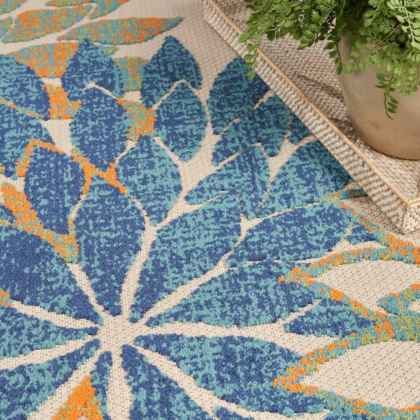 Nourison Home Aloha Indoor Outdoor Blue Green 5'3" x 7'5" Area Rug, Easy Cleaning, Non Shedding, Bed Room, Living Room, Dining Room, Backyard, Deck, Patio (5x7)