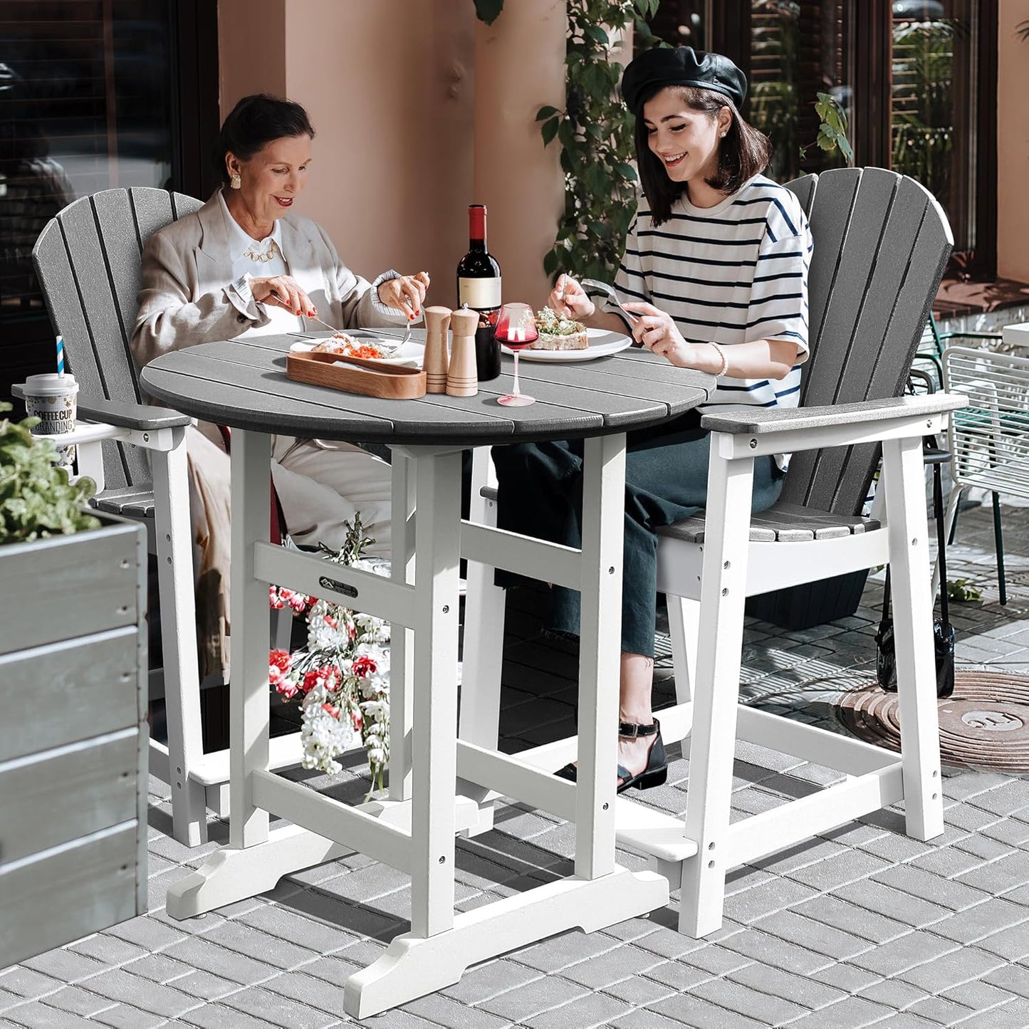 Tall Adirondack Chairs Patio Bar Tables Set of 3, Weather Resistant HDPE 35" Round Outdoor Bar Adirondack Barstools Plastic Height Table Pub, for Garden, Backyard, Yard, Pool, Fire, Pit (Grey)