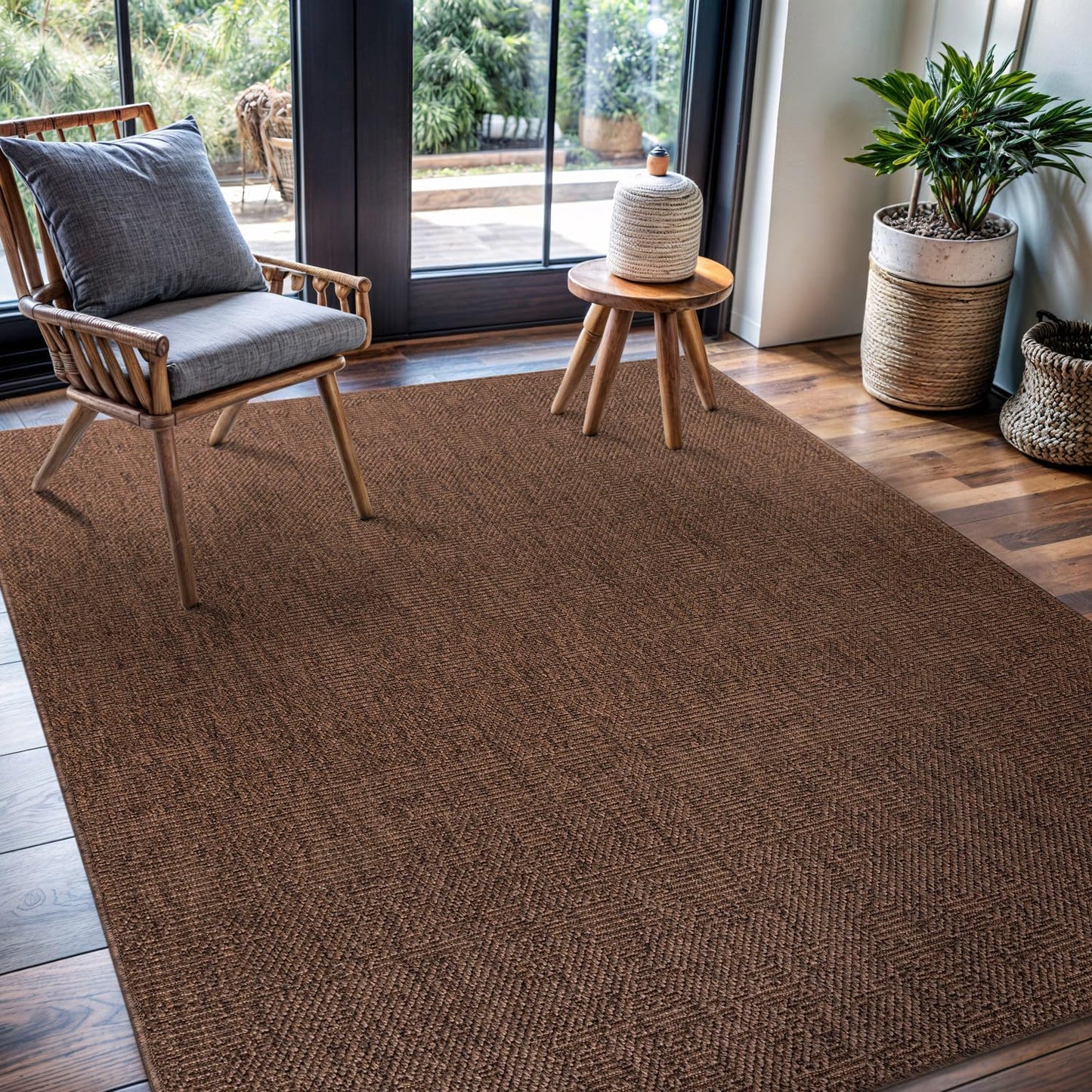 CAMILSON Easy Jute Rug 9x12, Indoor Outdoor Brown Color Fiber Area Rugs for Living Room Patio and Kitchen Rug, Solid Boho Woven Design, Easy-Cleaning, Washable Outside Carpet Alfombras (9 x 12)