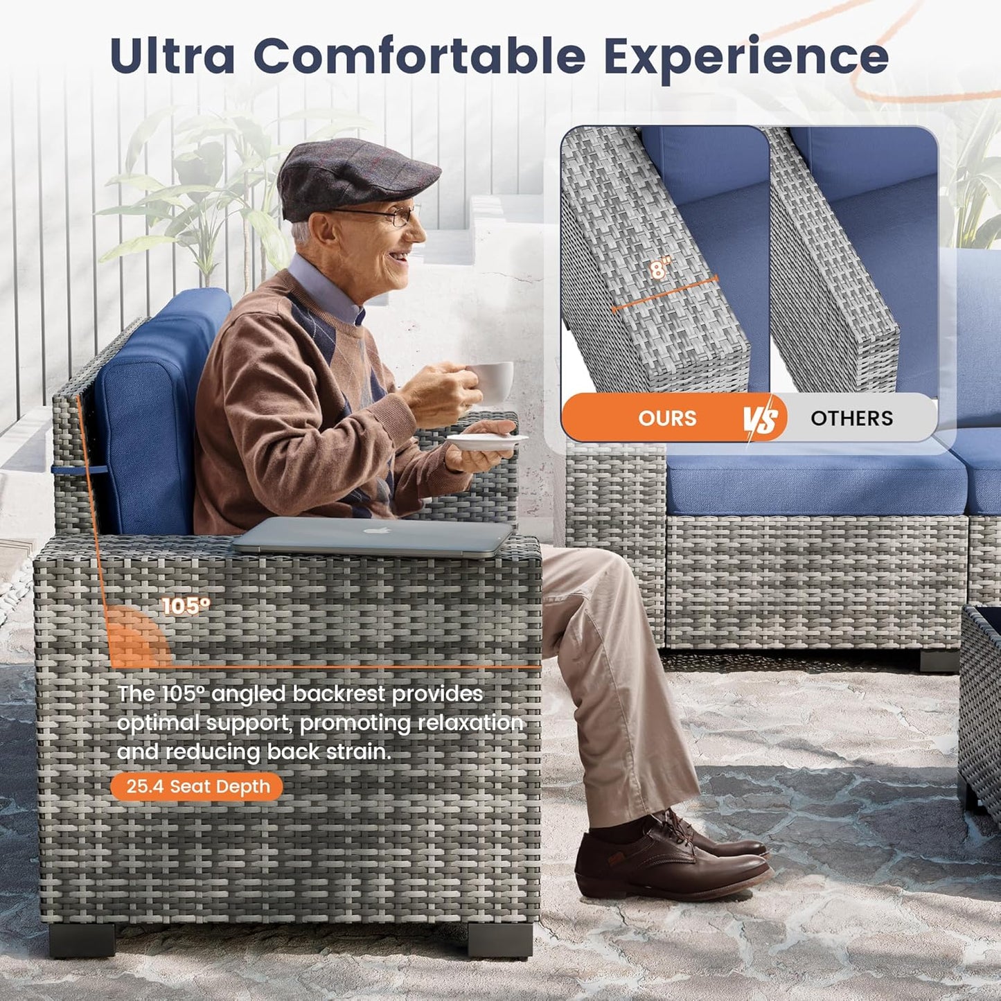 UDPATIO Patio Furniture Set, 8 Inch Armrest Outdoor Sectional Sofa, 6 Piece Wicker Outdoor Furniture Conversation Sets with Waterproof Cover and Coffee Table for Backyard Deck(Grey/Navy Blue)