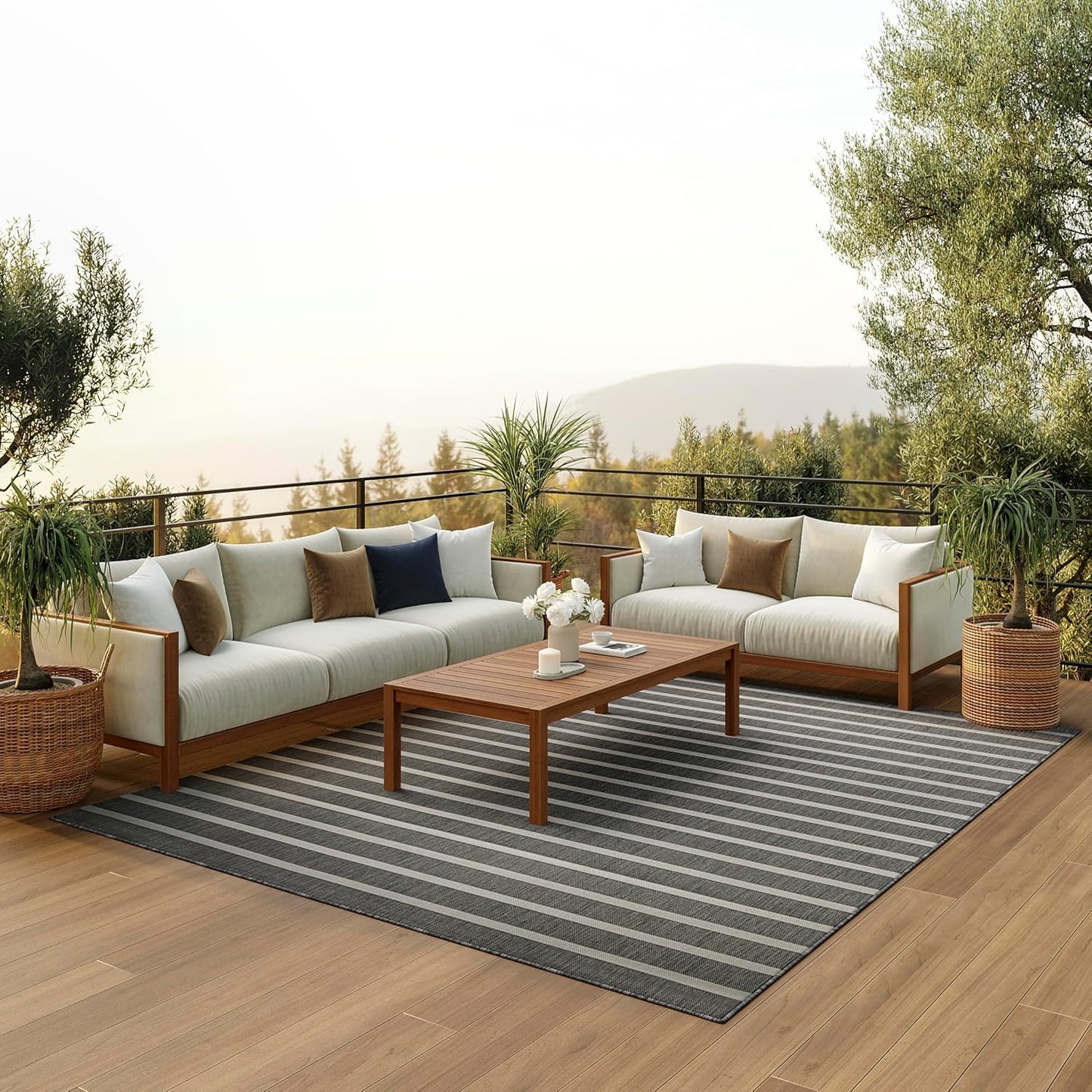 Nourison Home Positano 7' x 10' Indoor/Outdoor Charcoal Striped Area Rug, Easy Cleaning, Non Shedding, Bedroom, Living Room, Dining Room, Deck, Backyard, Patio