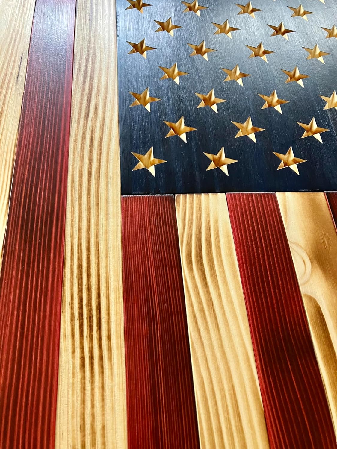 Rustic Wooden American Flag, Patriotic Wall Art (Natural Finish, 19.5x36)
