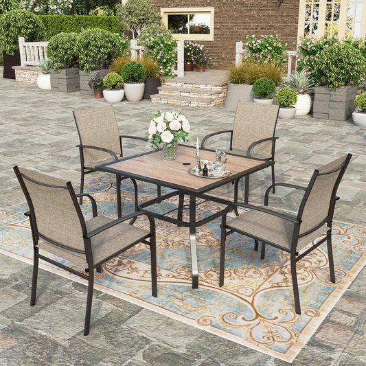 HERA'S HOUSE 5 Piece Patio Dining Set, 4 x Brown Textilene Dining Chair and 37" Square Wood-Like Dining Table with Umbrella Hole, Outdoor Table and Chairs Set for Lawn Garden Backyard Deck