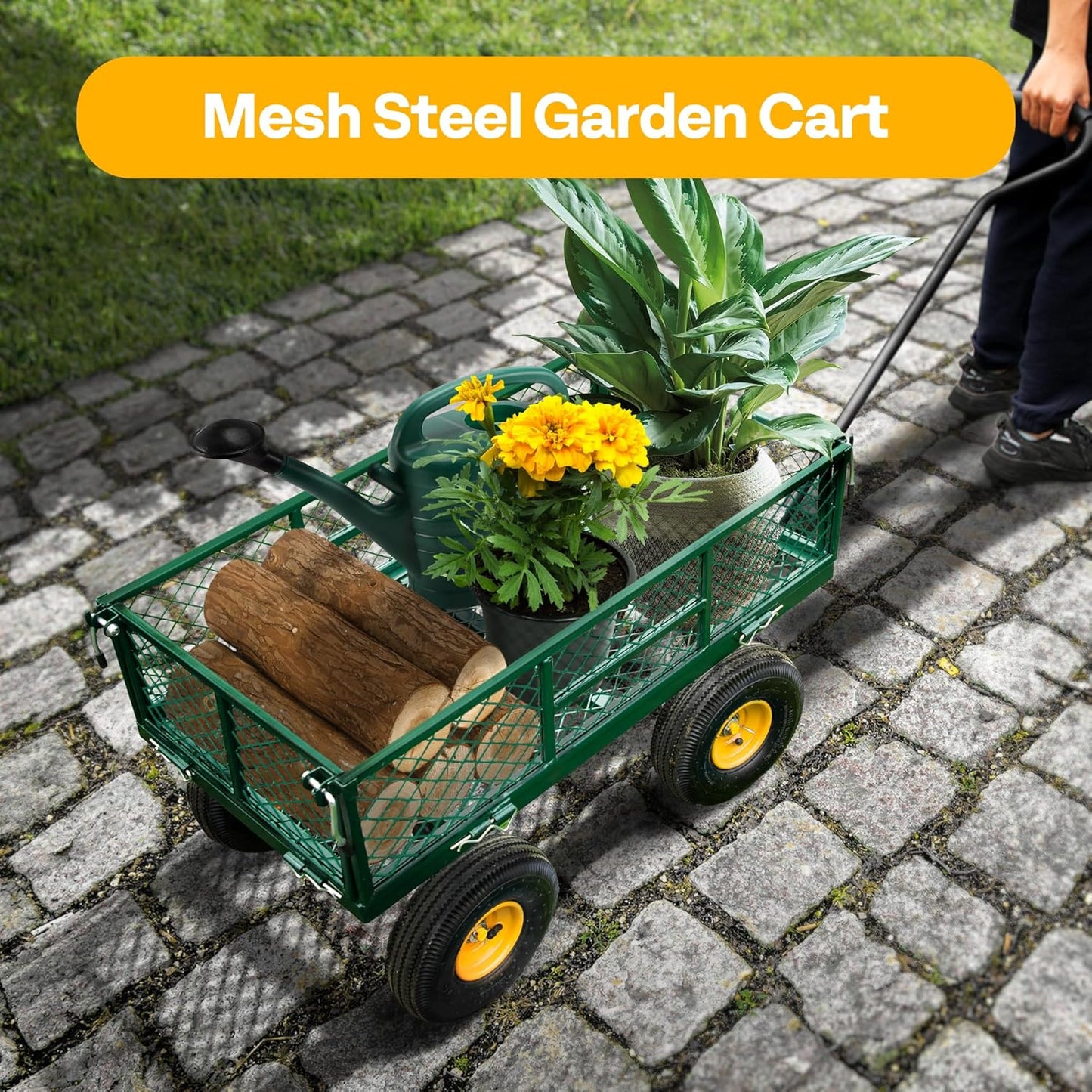 VIVOHOME Heavy Duty 880 Lbs Capacity Mesh Steel Garden Cart Folding Utility Wagon with Removable Sides and 4.10/3.50-4" Wheels 10 Inch Tire(Green)