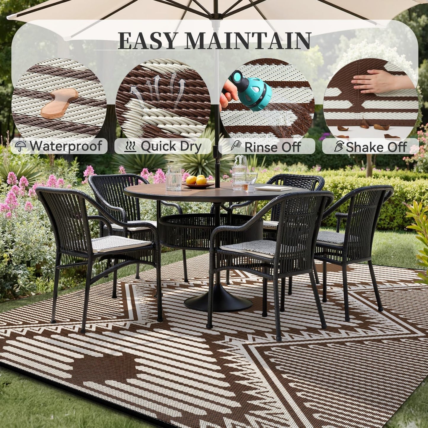 MontVoo Outdoor Rug-Waterproof Camping Rug Patio Rug Mat 6x9 Reversible Plastic Straw Outside Outdoor Rug for RV Camping Picnic Balcony Backyard Pool Deck Porch Modern Boho Beige Brown