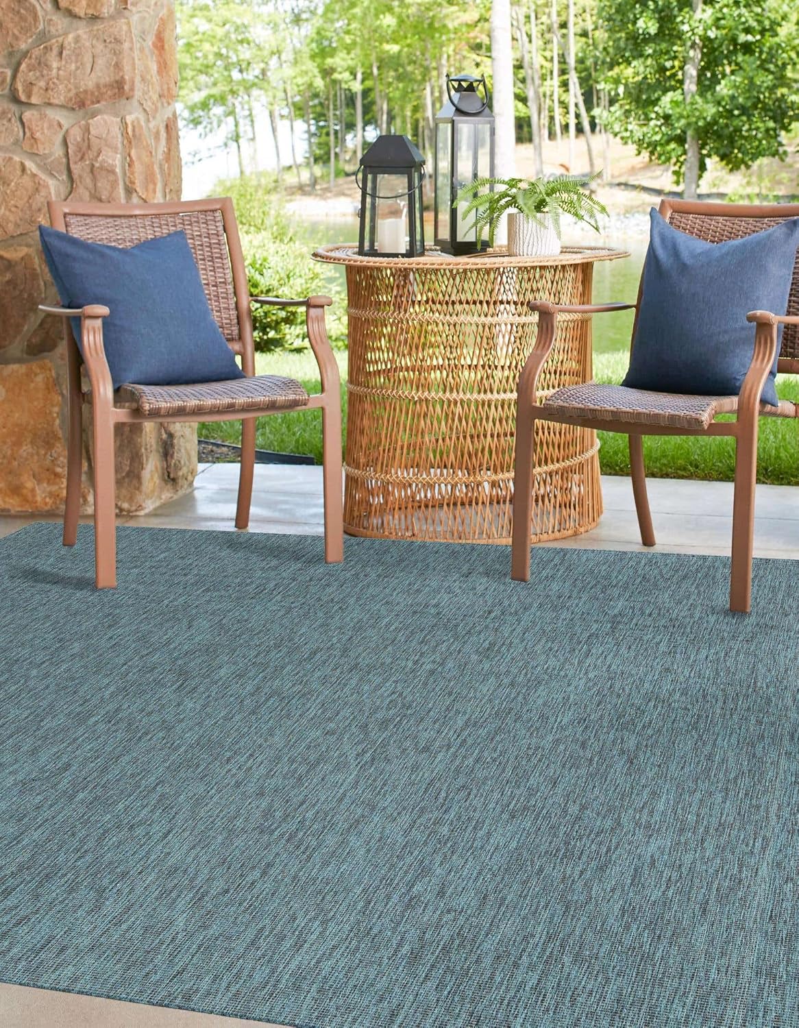 Unique Loom Outdoor Solid Collection Area Rug (5' 3" Square Teal/Navy Blue)