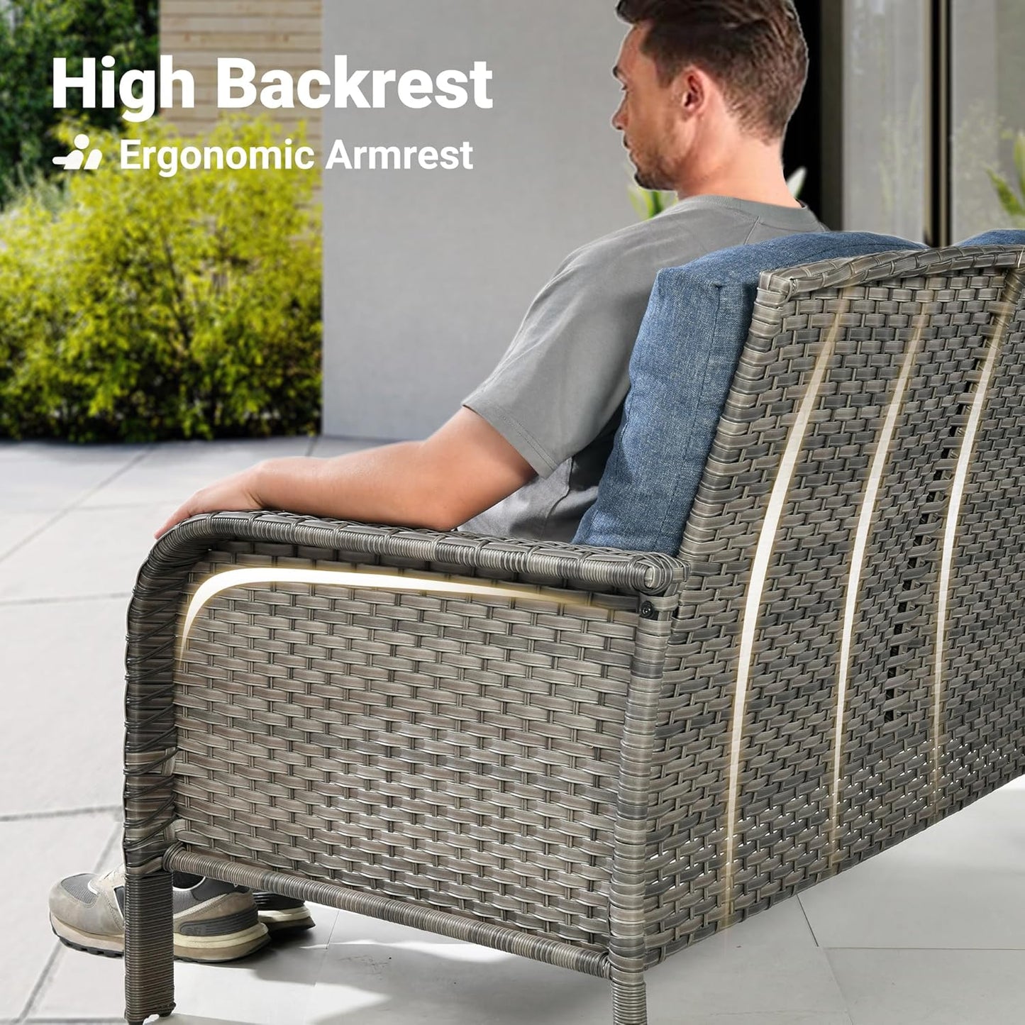 ovios 2 Pieces Patio Furniture Set, Outdoor Wicker Chairs of 2, All Weather High Back Rattan Chairs 2-Seater with Comfy Cushions for Porch Deck, Denim Blue