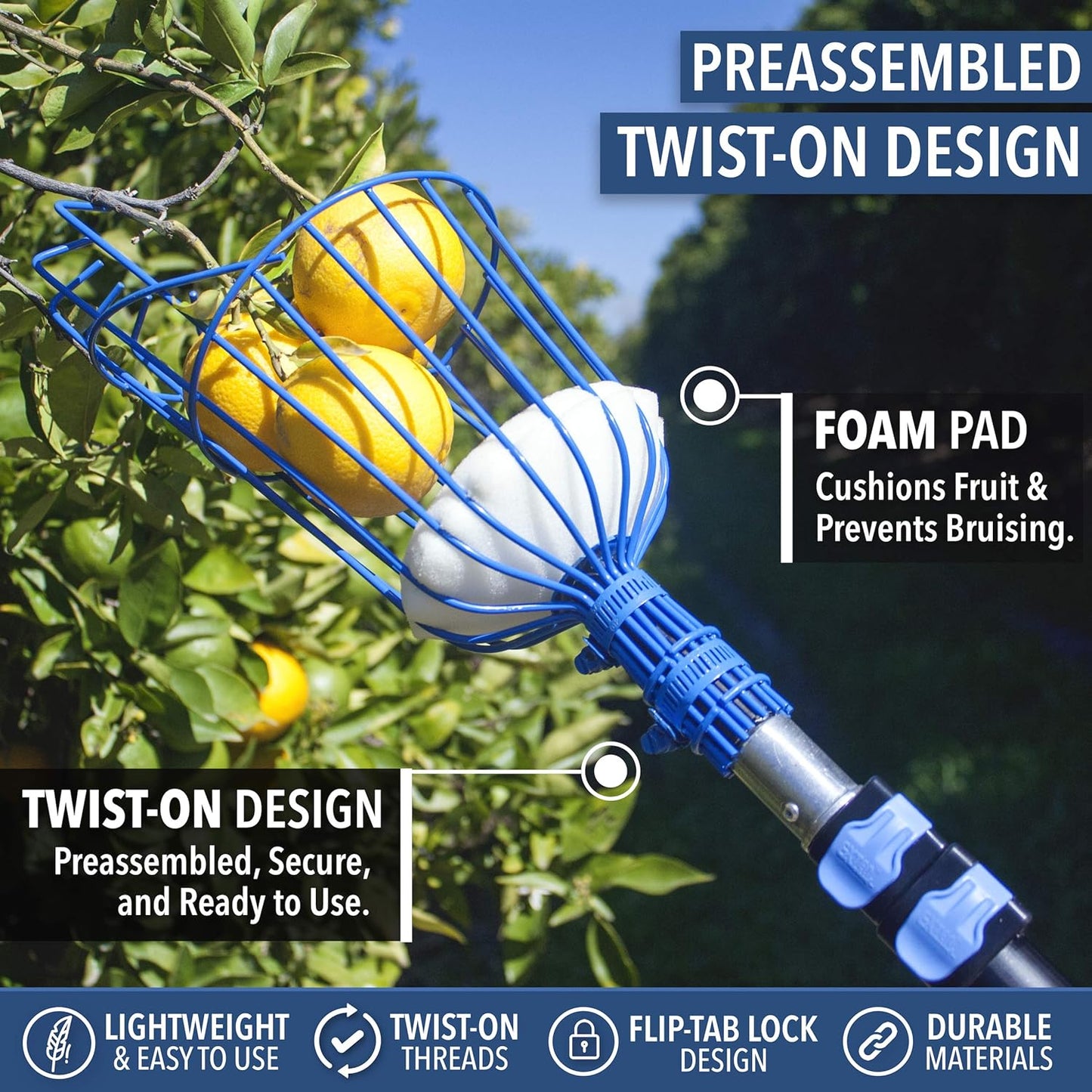 EVERSPROUT 1.5-3ft Durable Fruit Picker with 10+ Foot Reach – Telescoping Fruit Picker Pole, Lightweight Twist-On Fruit Picking Tool with Basket, Aluminium Extension Pole for Tree Fruit Harvesting
