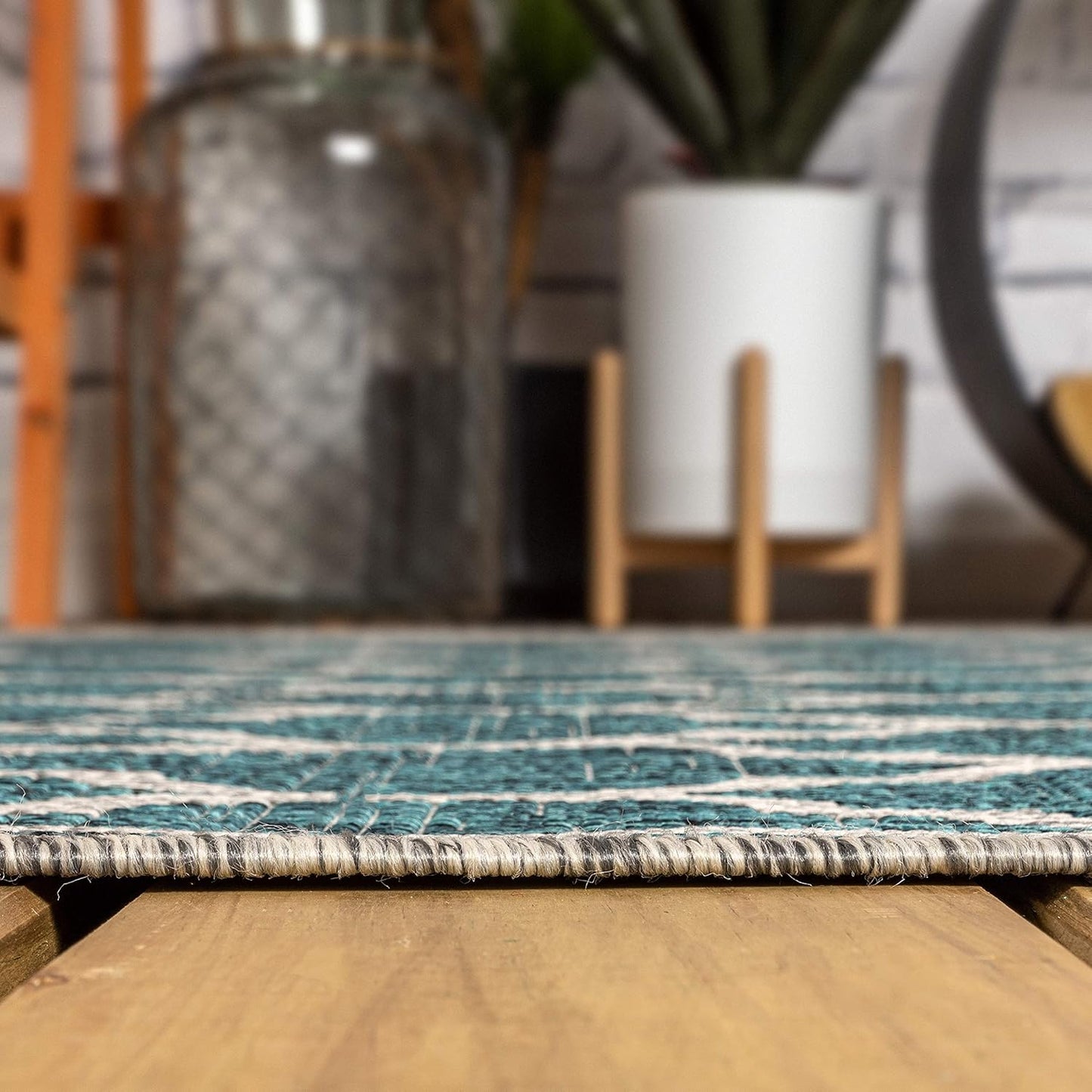 Eyely BMS109E-5R Santa Monica Trebol Moroccan Trellis Textured Weave Indoor/Outdoor Area Rug Coastal;Bohemian, Bedroom, Backyard, Patio, Easy-Cleaning, Non-Shedding, 5' Round, Teal/Gray