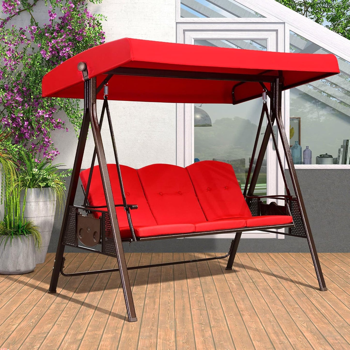 PURPLE LEAF 3-Seat Deluxe Outdoor Patio Porch Swing with Weather Resistant Steel Frame, Adjustable Tilt Canopy, Cushions and Pillow Included, Terra