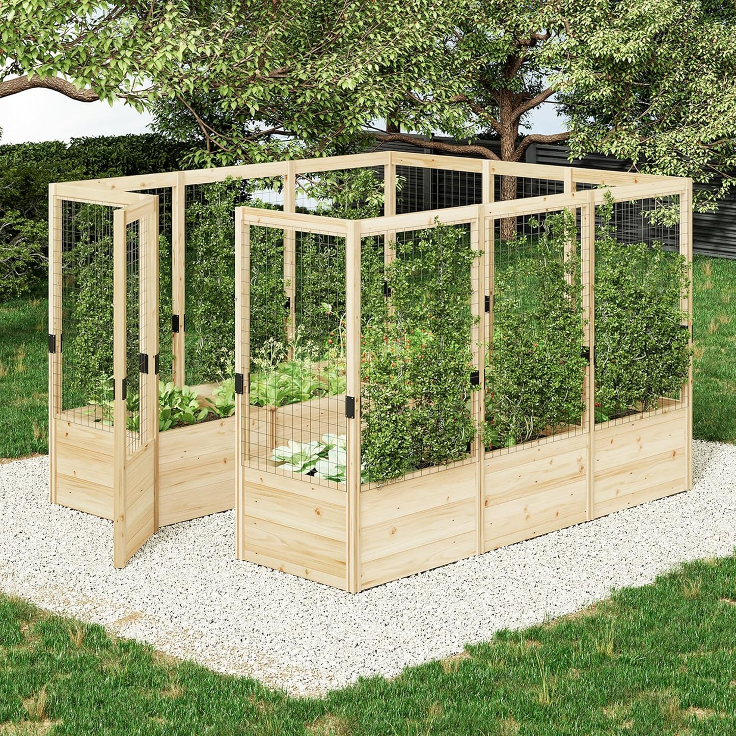 AMERLIFE Raised Garden Bed with Deer Proof Fence, 7.5Wx9Dx6H Outdoor Wooden Raised Garden Bed Planter with 19" Depth Planter Box