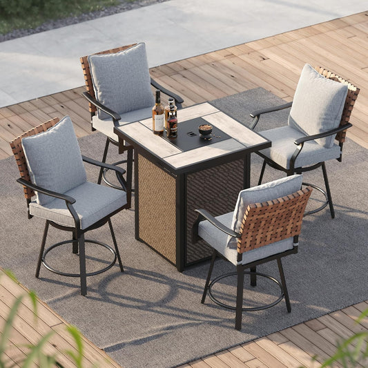 Grand patio 5-Piece Swivel Patio Bar Set with Fire Pit Table 40,000 BTU Heat Output, Leather-Look Wicker Outdoor Height Patio Bar Stools Set of 5, Patio Bar Height Chairs with High Back and