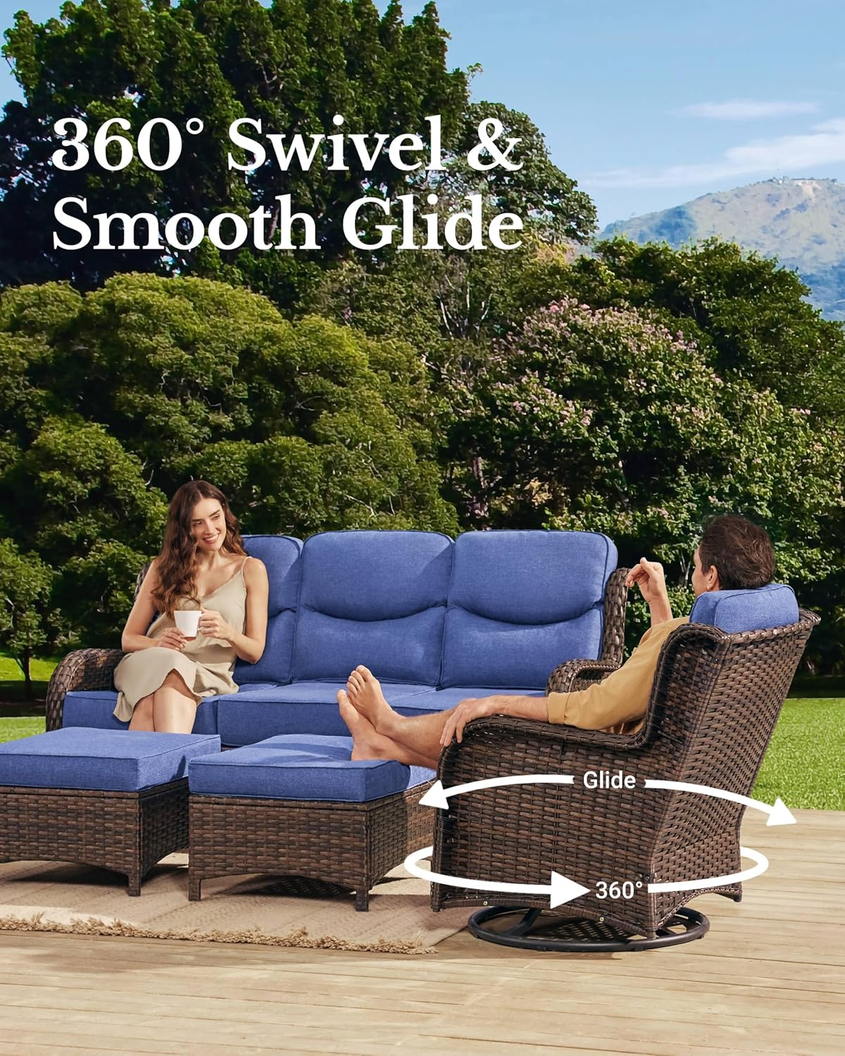 HILLGA Luxury Patio Furniture Set with 6-inch Thick Cushion, Outdoor Couch and High Back Swivel Rocker Patio Chairs, 7PCS Wicker Conversation Set for Deck Yard and Poolside, Blue (V2)