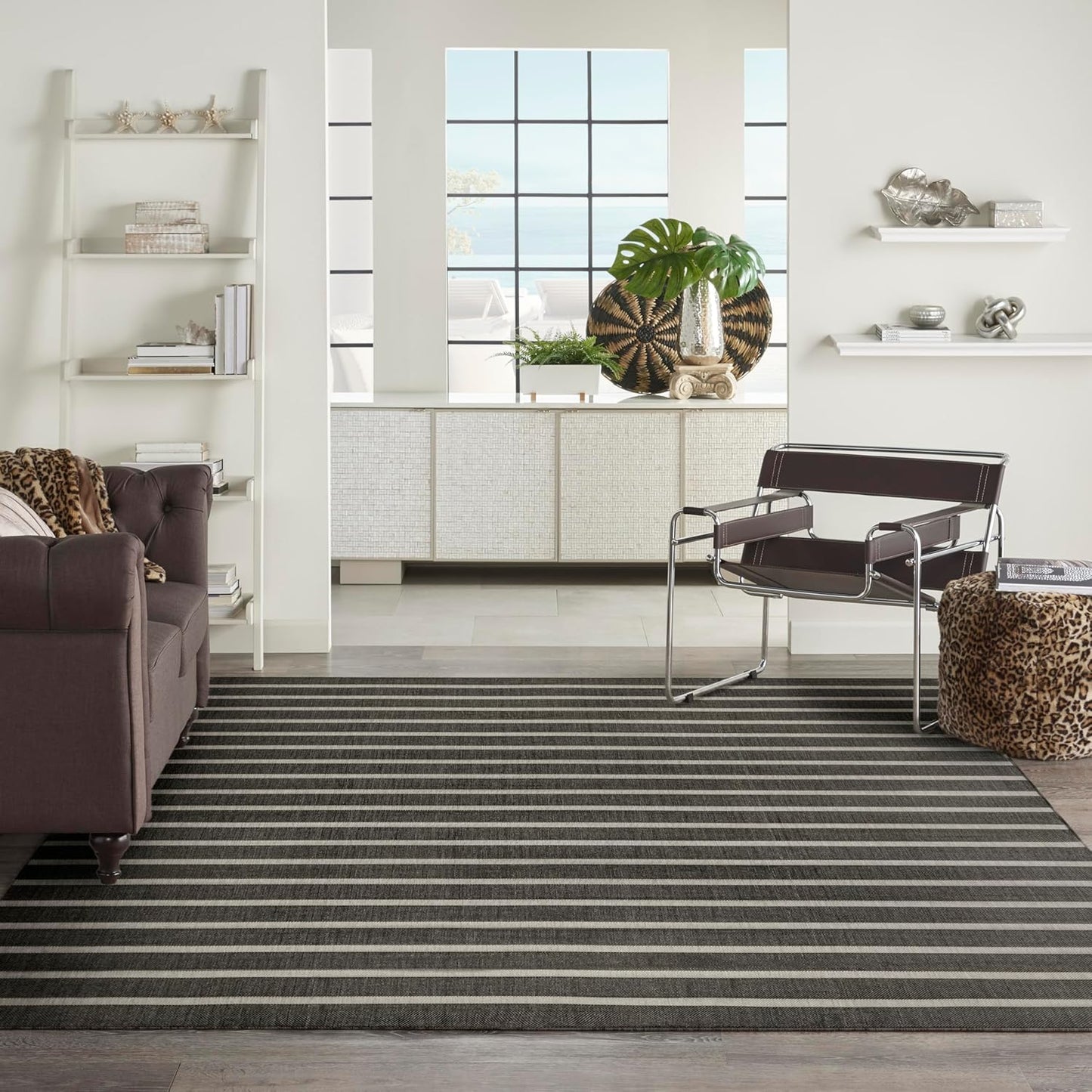 Nourison Home Positano Indoor/Outdoor Black Ivory 9' x 12' Area Rug, Easy Cleaning, Non Shedding, Bed Room, Living Room, Dining Room, Backyard, Deck, Patio (9x12)