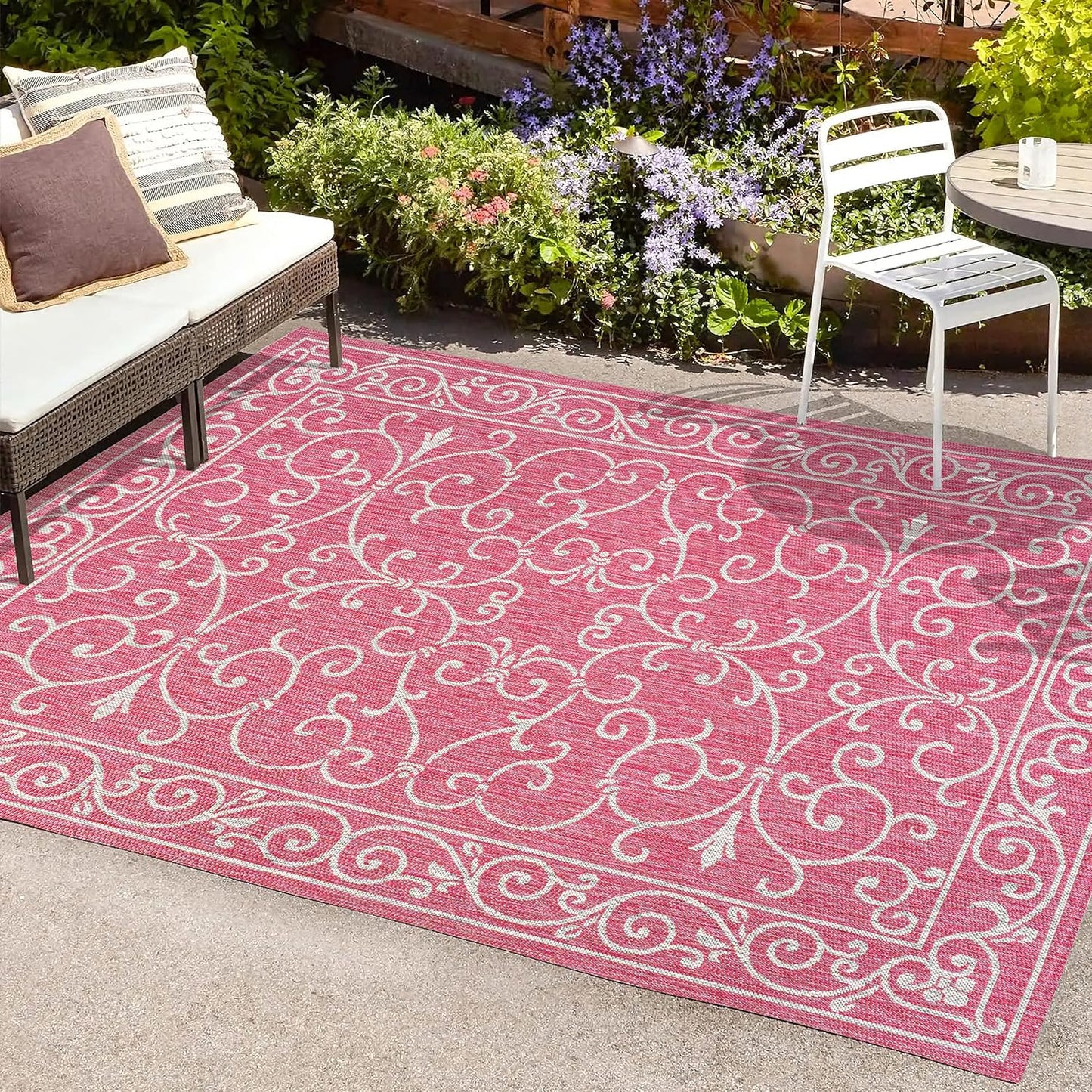 JONATHAN Y SMB106J-3 Charleston Vintage Filigree Textured Weave Indoor Outdoor Area Rug, Classic Traditional Easy-Cleaning,Bedroom,Kitchen,Backyard,Patio,Non Shedding, 3 X 5, Fuchsia/Light Gray