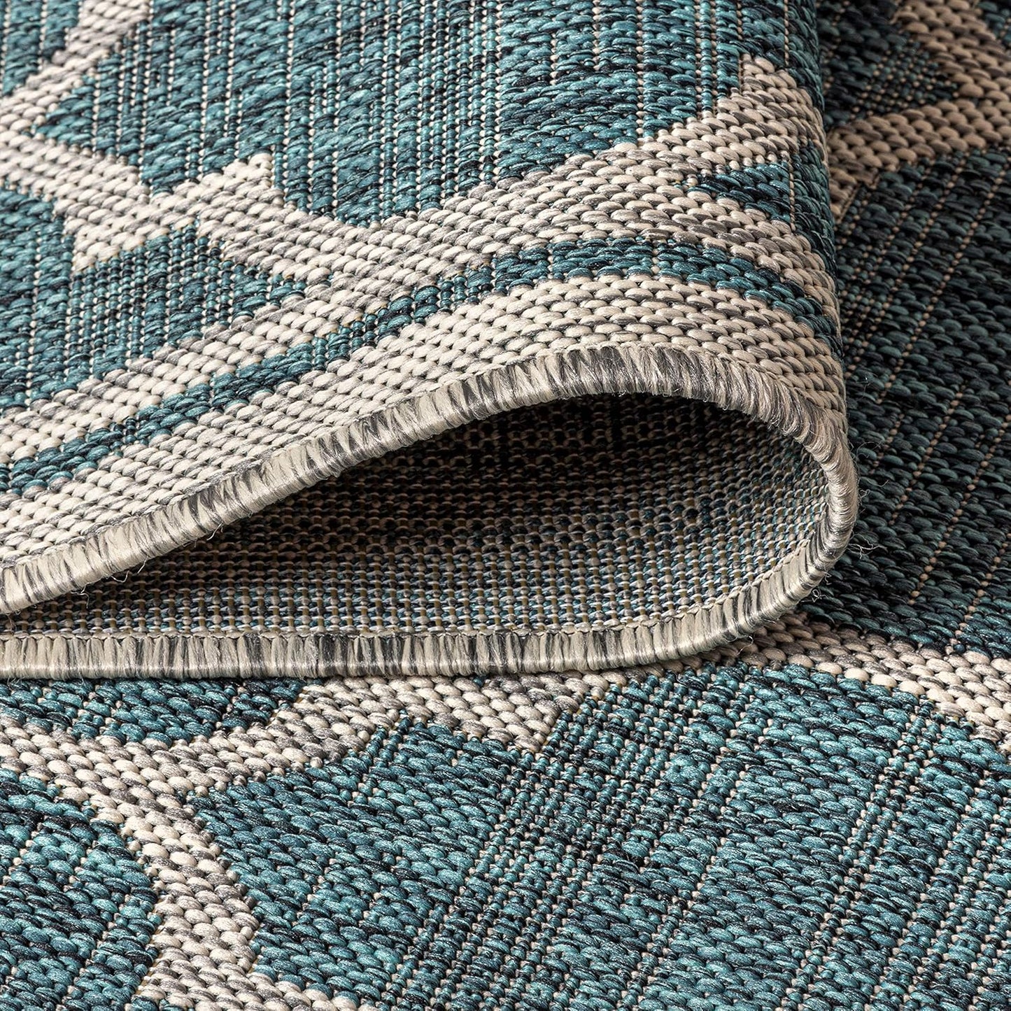 Eyely BMS109E-4R Santa Monica Trebol Moroccan Trellis Textured Weave, Pet Friendly, Non-Shedding, Stain Resistant, Easy-Cleaning, Teal/Gray, 4' Round, Indoor/Outdoor, Area Rug