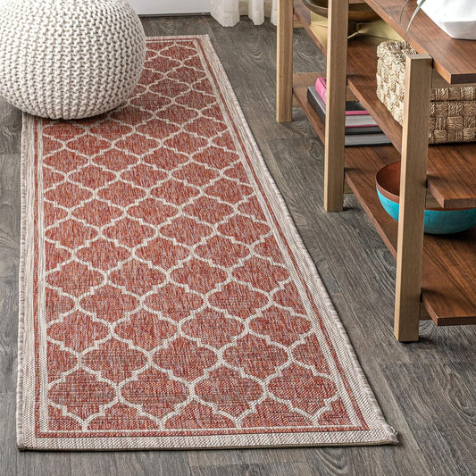 Eyely BMS109C-214 Santa Monica Trebol Moroccan Trellis Textured Weave, Pet Friendly, Non-Shedding, Stain Resistant, Easy-Cleaning, Red/Beige, 2 ft. x 14 ft., Indoor/Outdoor, Runner Rug
