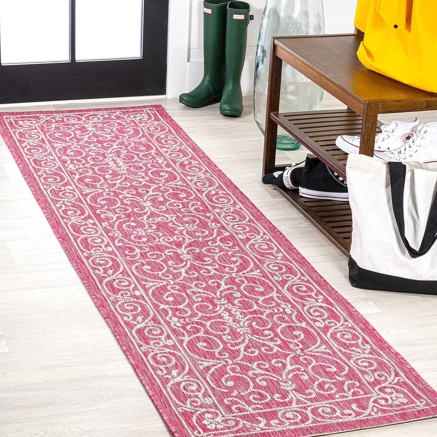 JONATHAN Y SMB106J-28 Charleston Vintage Filigree Textured Weave Indoor Outdoor Runner Rug, Classic Traditional Transitional Easy Cleaning,Bedroom,Kitchen,Backyard,Patio, Fuchsia/Light Gray, 2 X 8