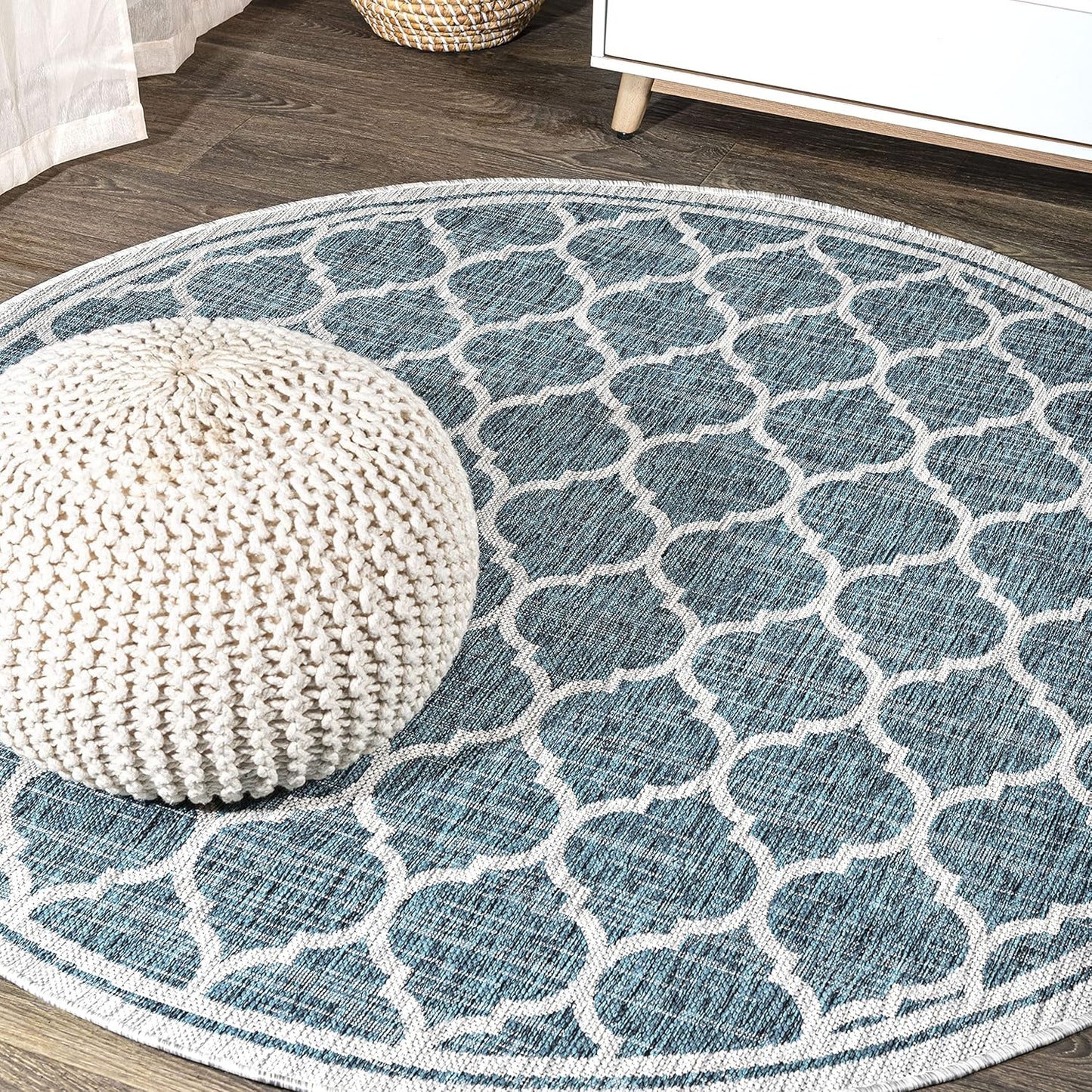 Eyely BMS109E-6R Santa Monica Trebol Moroccan Trellis Textured Weave, Pet Friendly, Non-Shedding, Stain Resistant, Easy-Cleaning, Teal/Gray, 6' Round, Indoor/Outdoor, Area Rug
