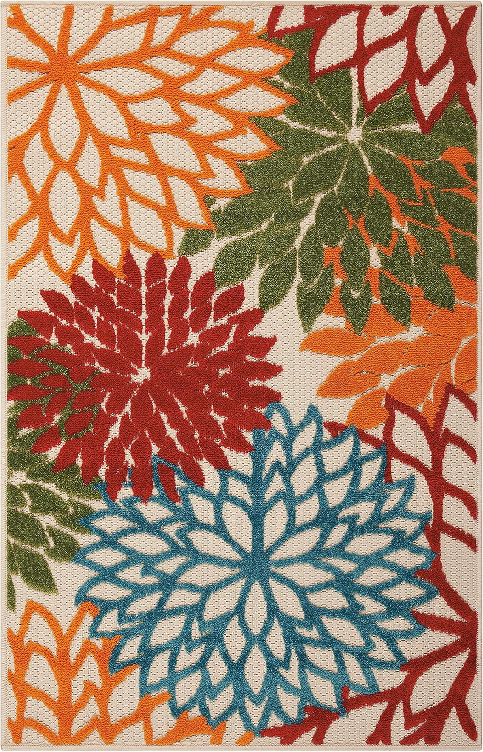 Nourison Aloha Indoor/Outdoor Green 2'8" x 4' Area Rug, Tropical, Botanical, Easy Clean, Non Shedding, Bed Room, Living Room, Dining Room, Deck, Backyard, Patio (3x4)