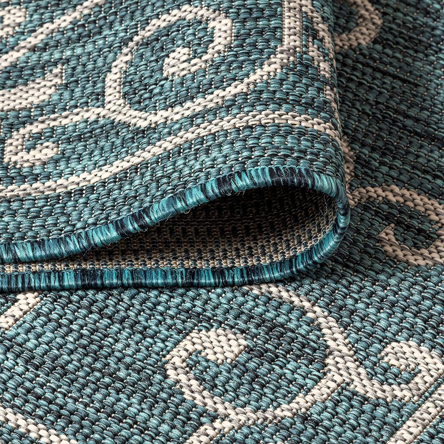 JONATHAN Y SMB106F-210 Charleston Vintage Filigree Textured Weave Indoor Outdoor Runner Rug, Classic, Traditional, Transitional Easy Clean,Bedroom,Kitchen,Backyard,Patio, Non-Shed, Teal/Gray, 2 X 10
