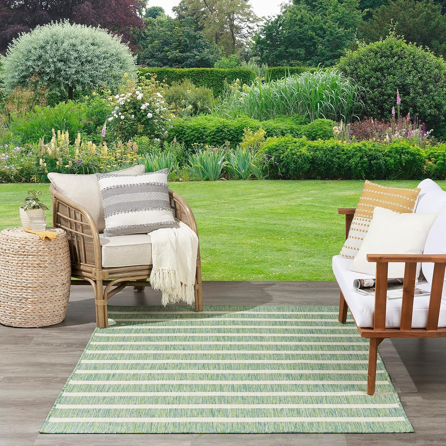 Nourison Home Positano Indoor/Outdoor Blue Green Ivory 7' x 10' Area Rug, Easy Cleaning, Non Shedding, Bed Room, Living Room, Dining Room, Deck, Backyard, Patio (7x10)