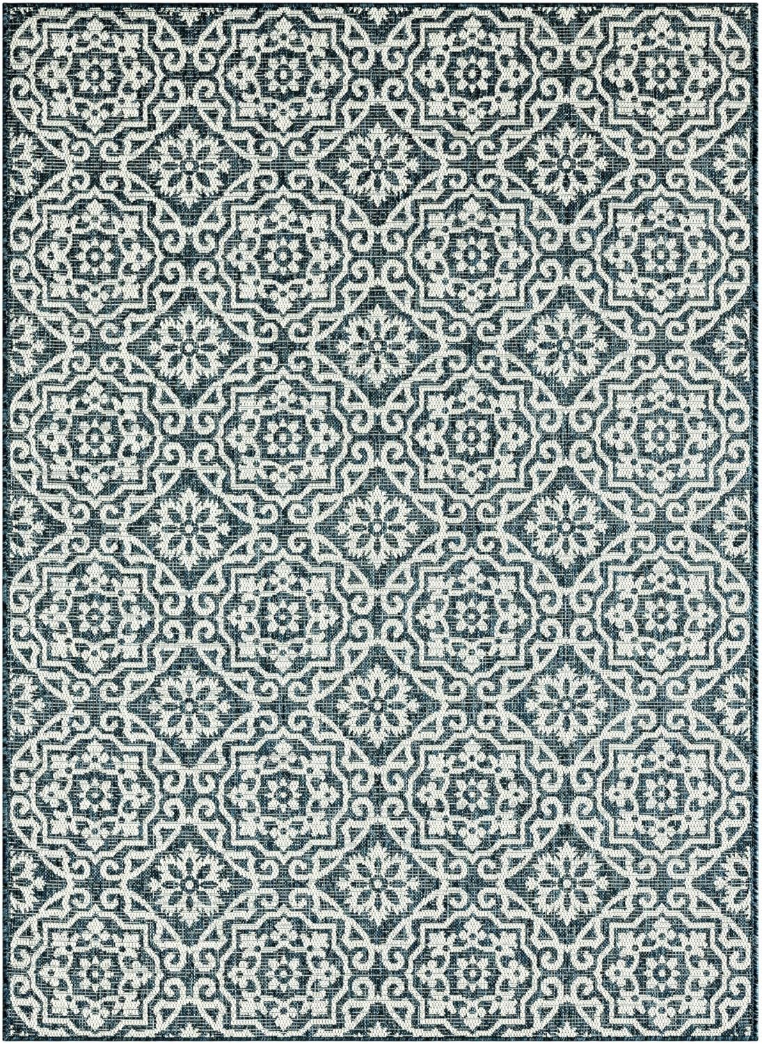 Nicole Miller New York Patio Country Julia Transitional Geometric Indoor/Outdoor Area Rug, Blue/White, 5'2"x7'2"