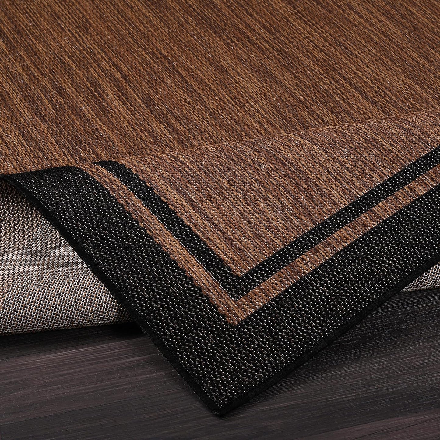 CAMILSON Indoor Outdoor Rug, 9x12 Bordered Nut Brown Black Modern Area Rugs for Indoor and Outdoor Patios, Kitchen and Hallway Mats, Washable Porch Deck Outside Carpet (Border Nut Brown Black, 9 x 12)